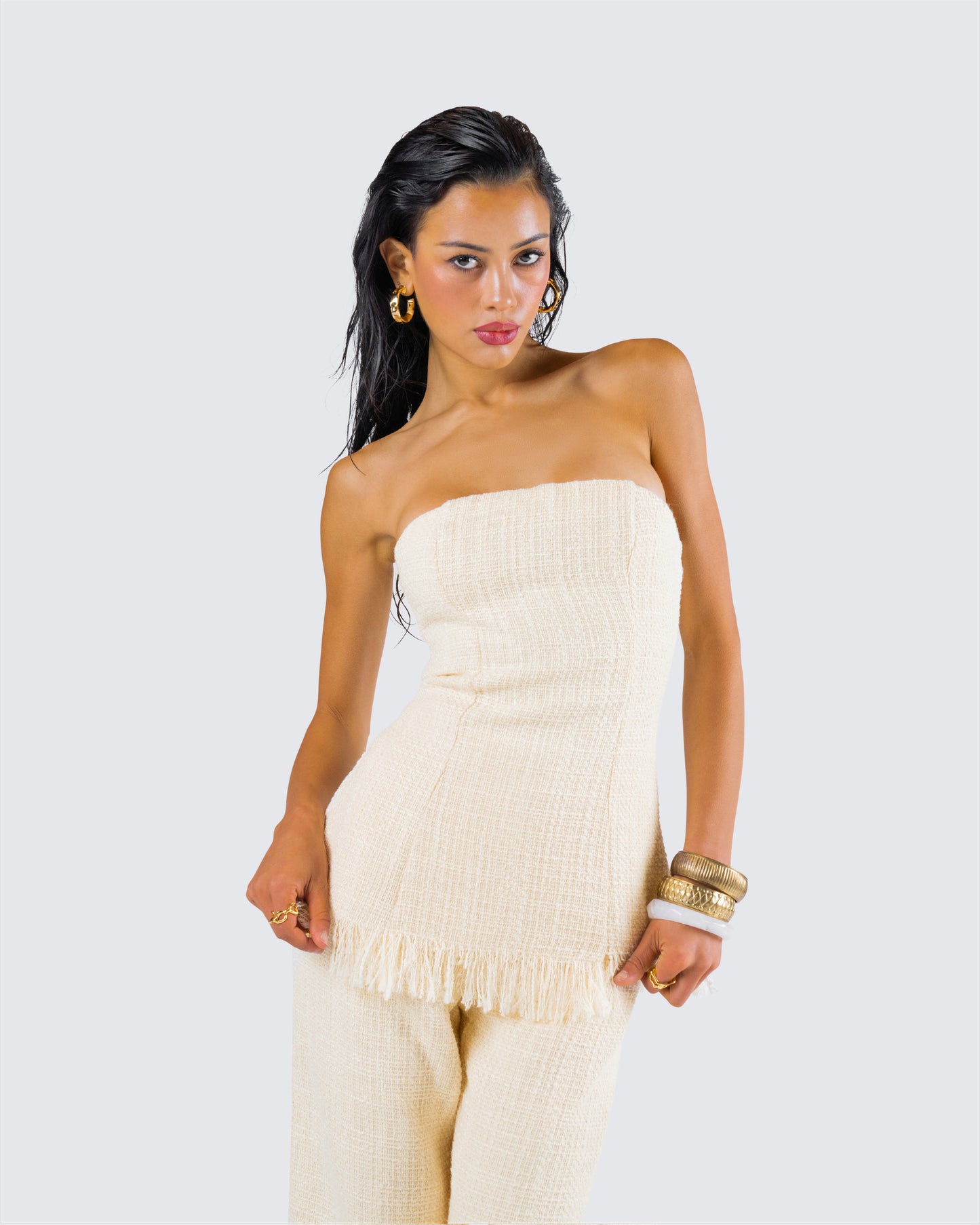 Havanah Ivory Tweed Strapless Top