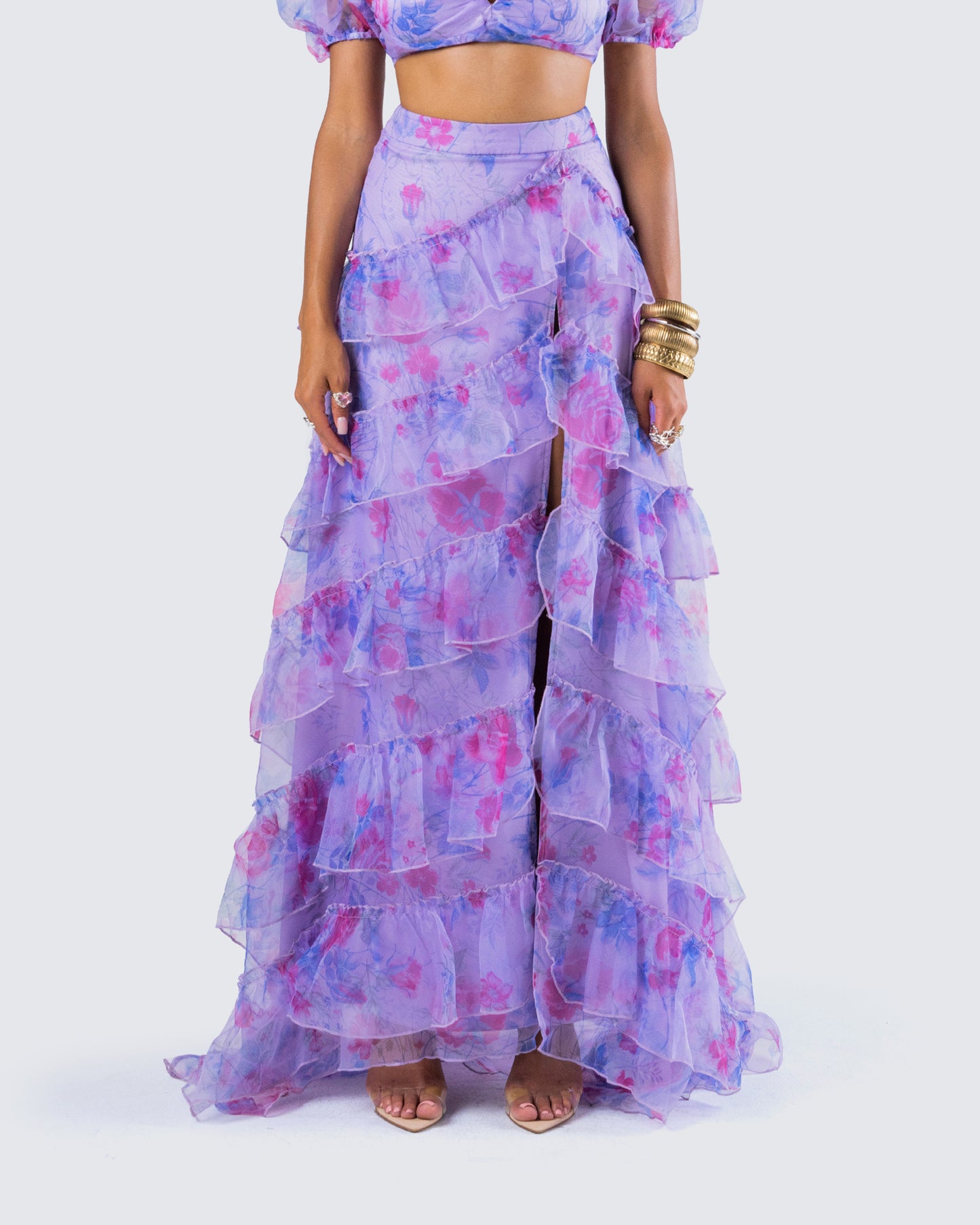 Ida Purple Floral Organza Maxi Skirt model front