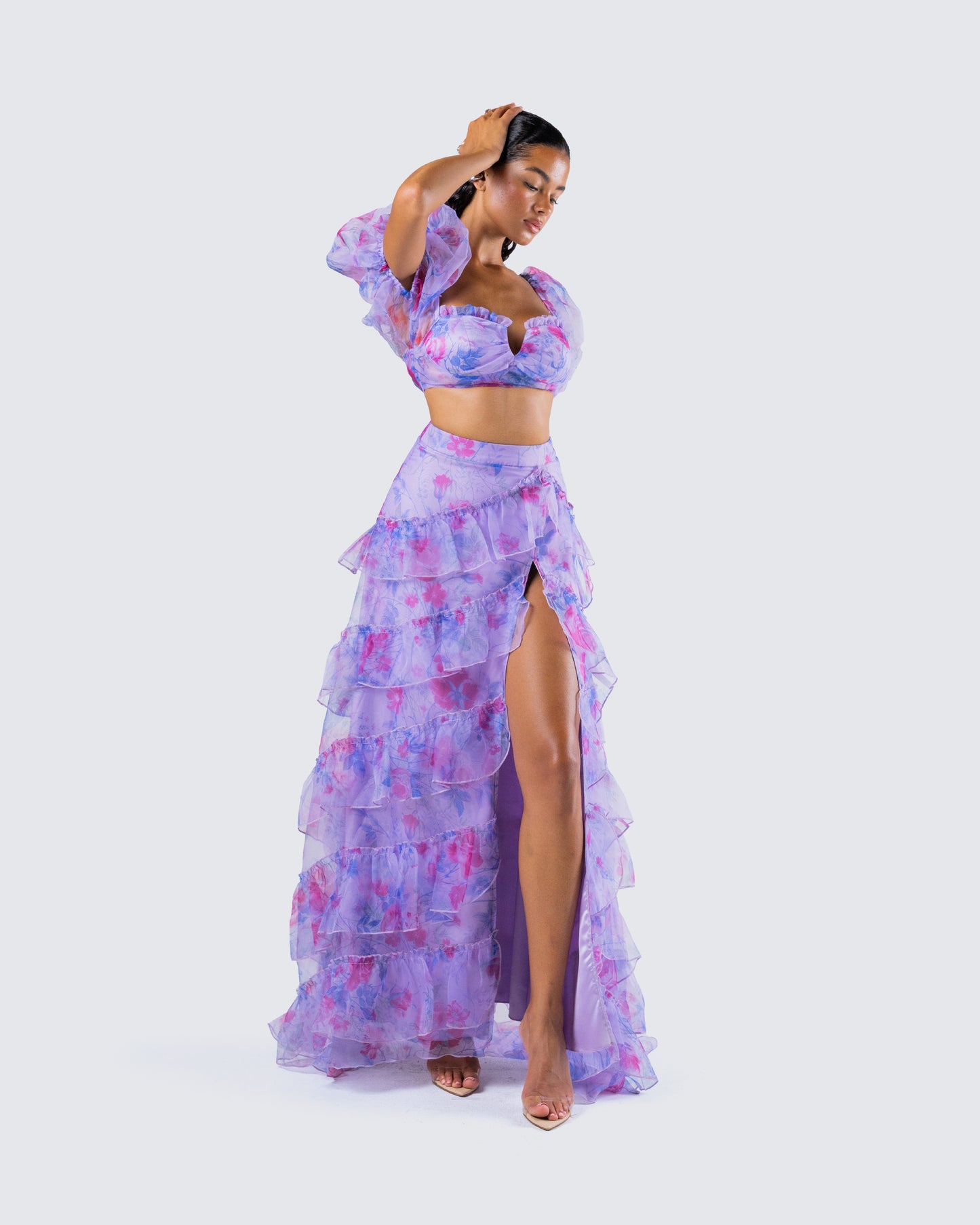 Ida Purple Floral Organza Maxi Skirt