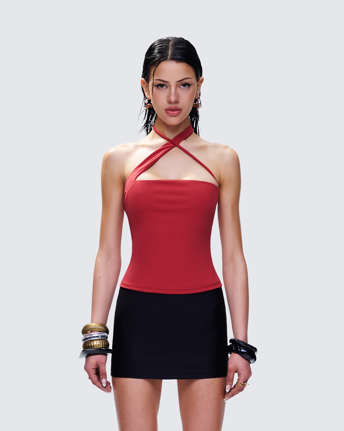 Idalia Red Asymmetrical Halter Top model front