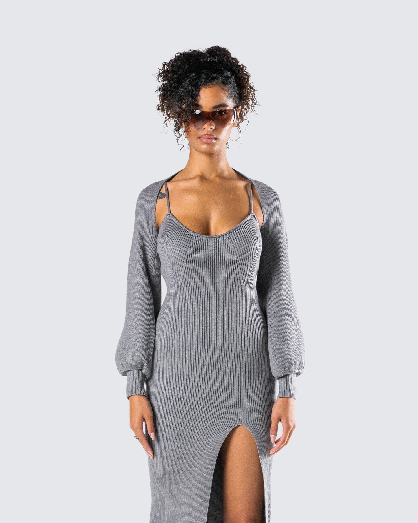 Ilana Grey Rib Shrug Sweater Top model front