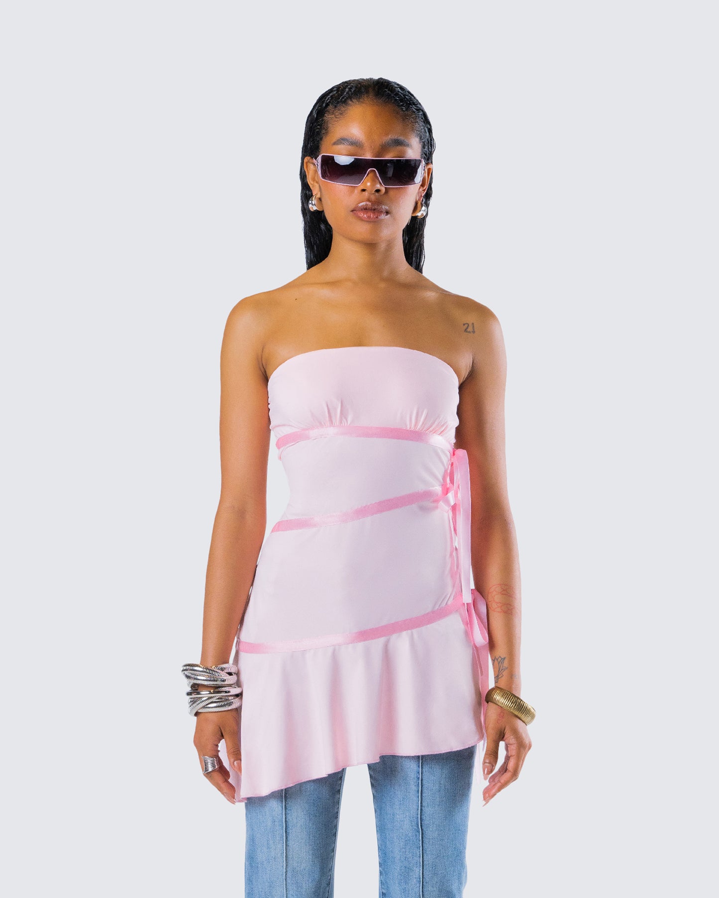 Ilona Pink Jersey Satin Tie Top model front