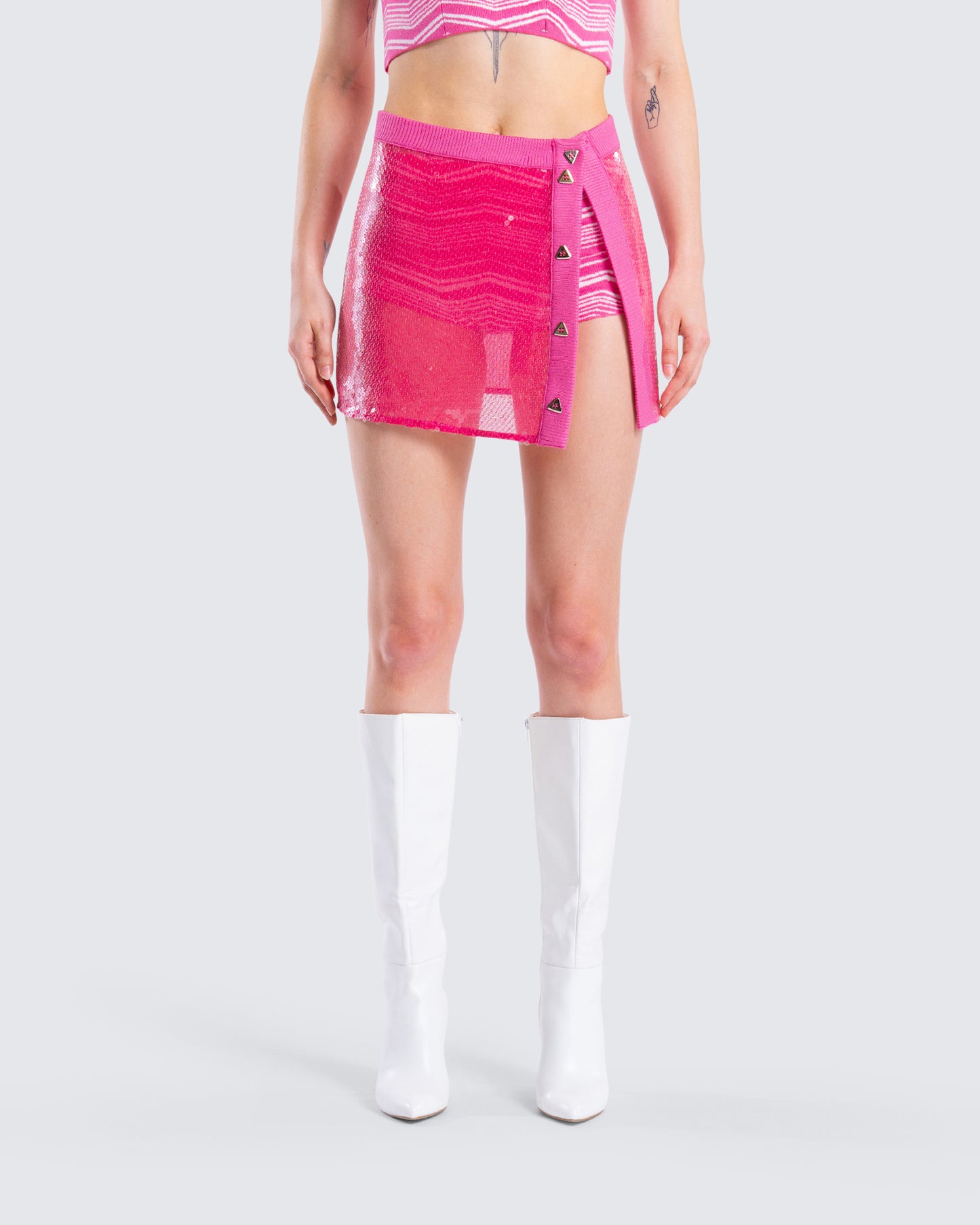 Irie Pink Sequin Mini Skirt model front