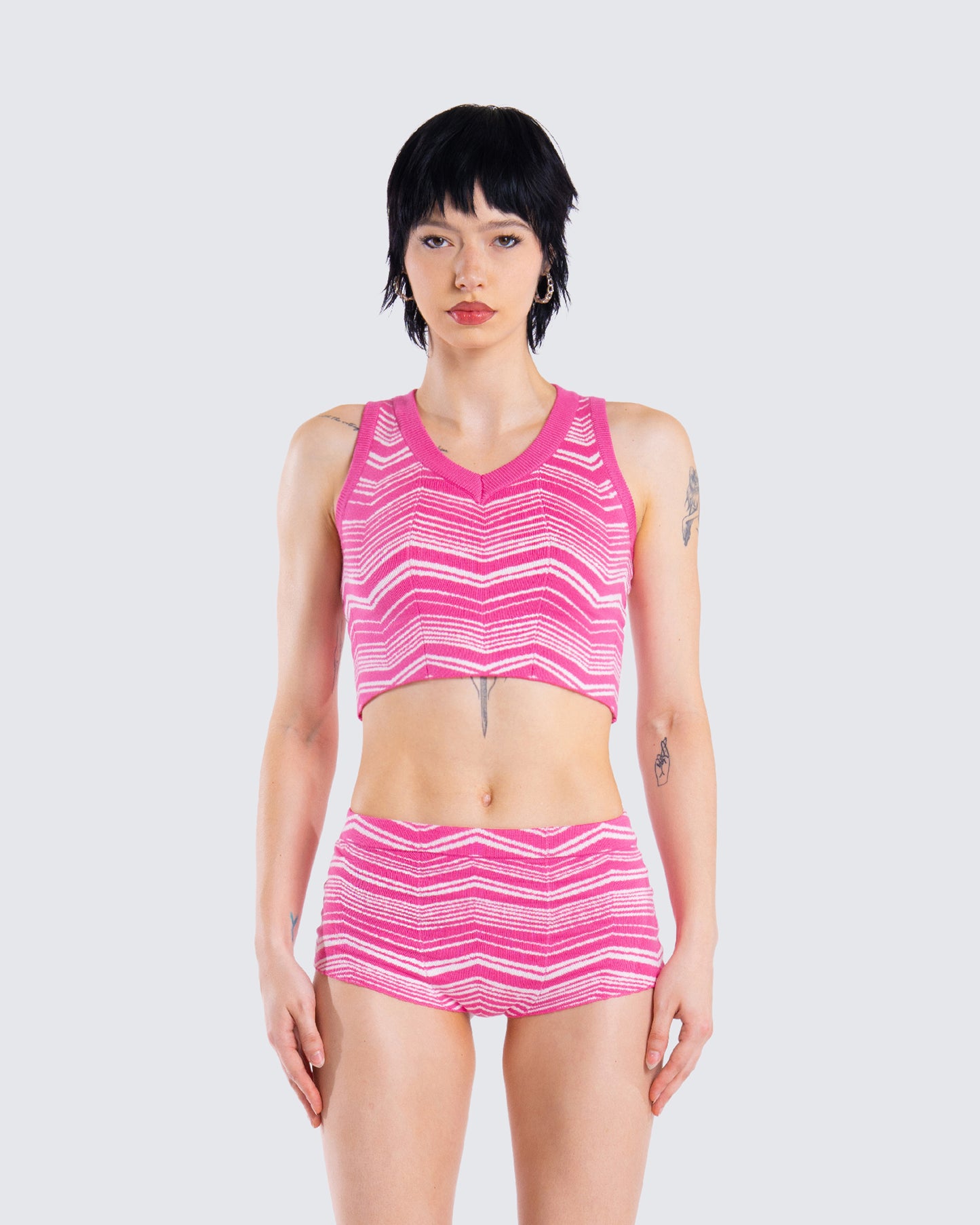 Irie Pink Zig Zag Knit Top model front