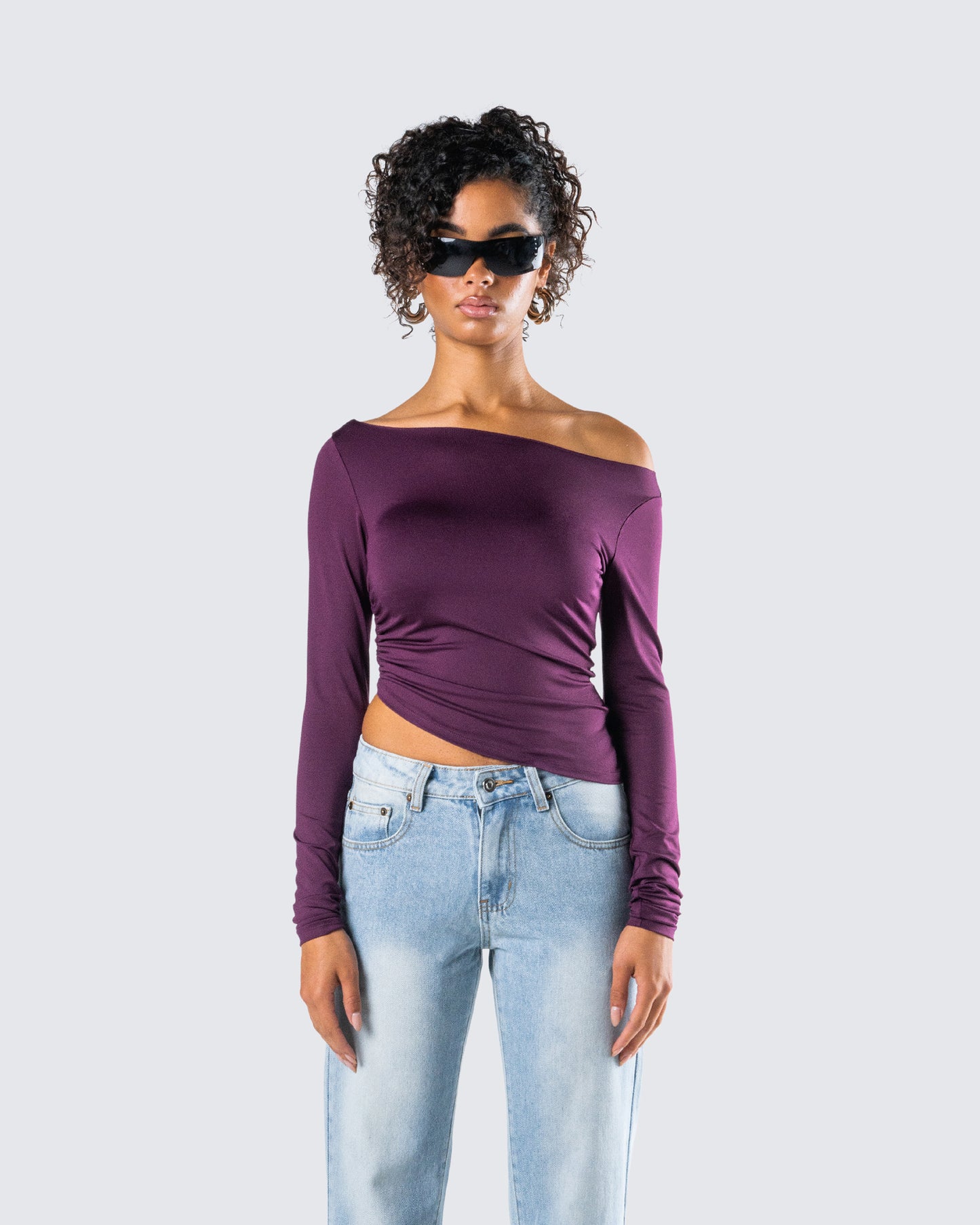 Isa Burgundy Jersey Asymmetric Top model front