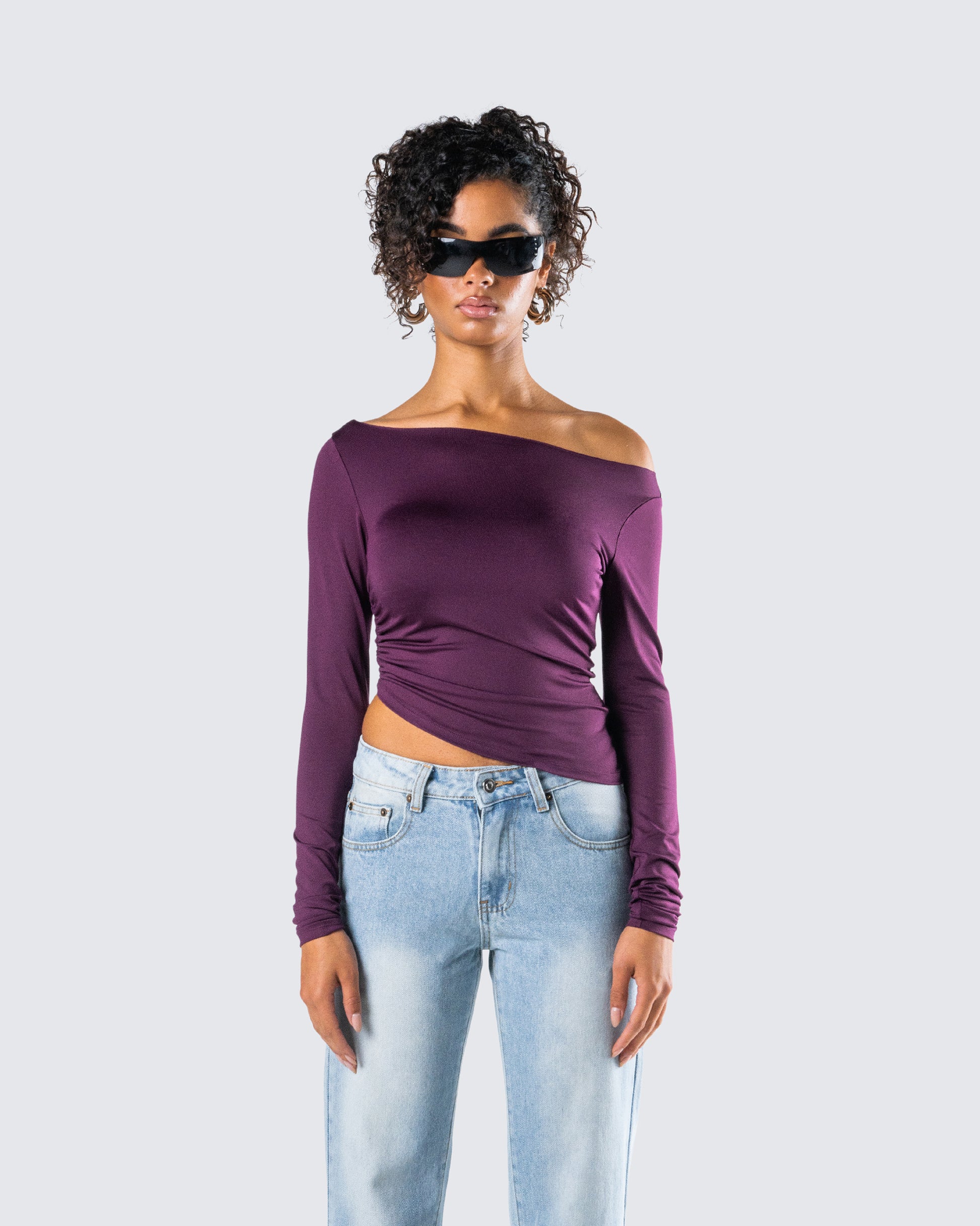 Isa Burgundy Jersey Asymmetric Top model front
