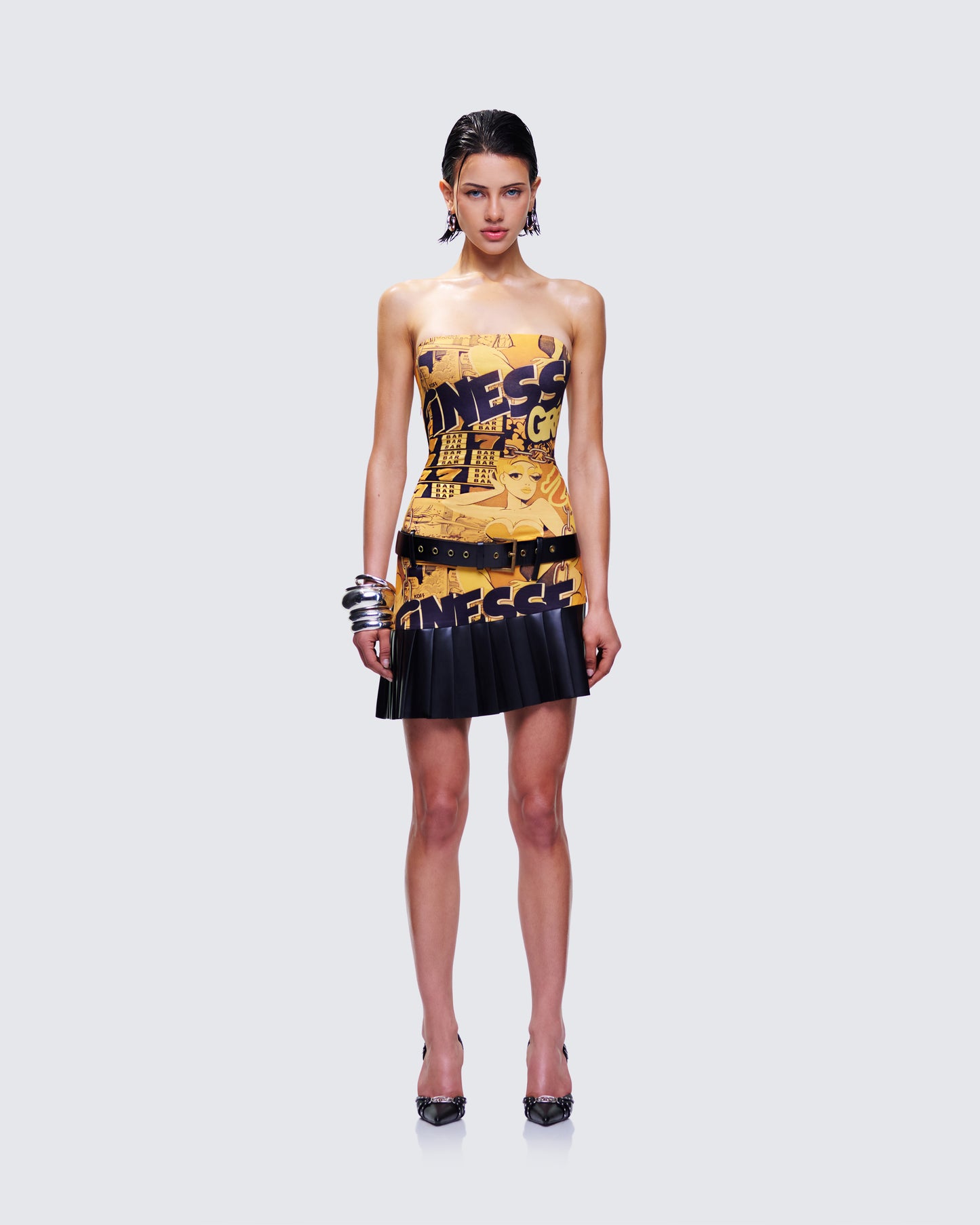 Isabeau Printed Pleated Drop Waist Mini Dress model front