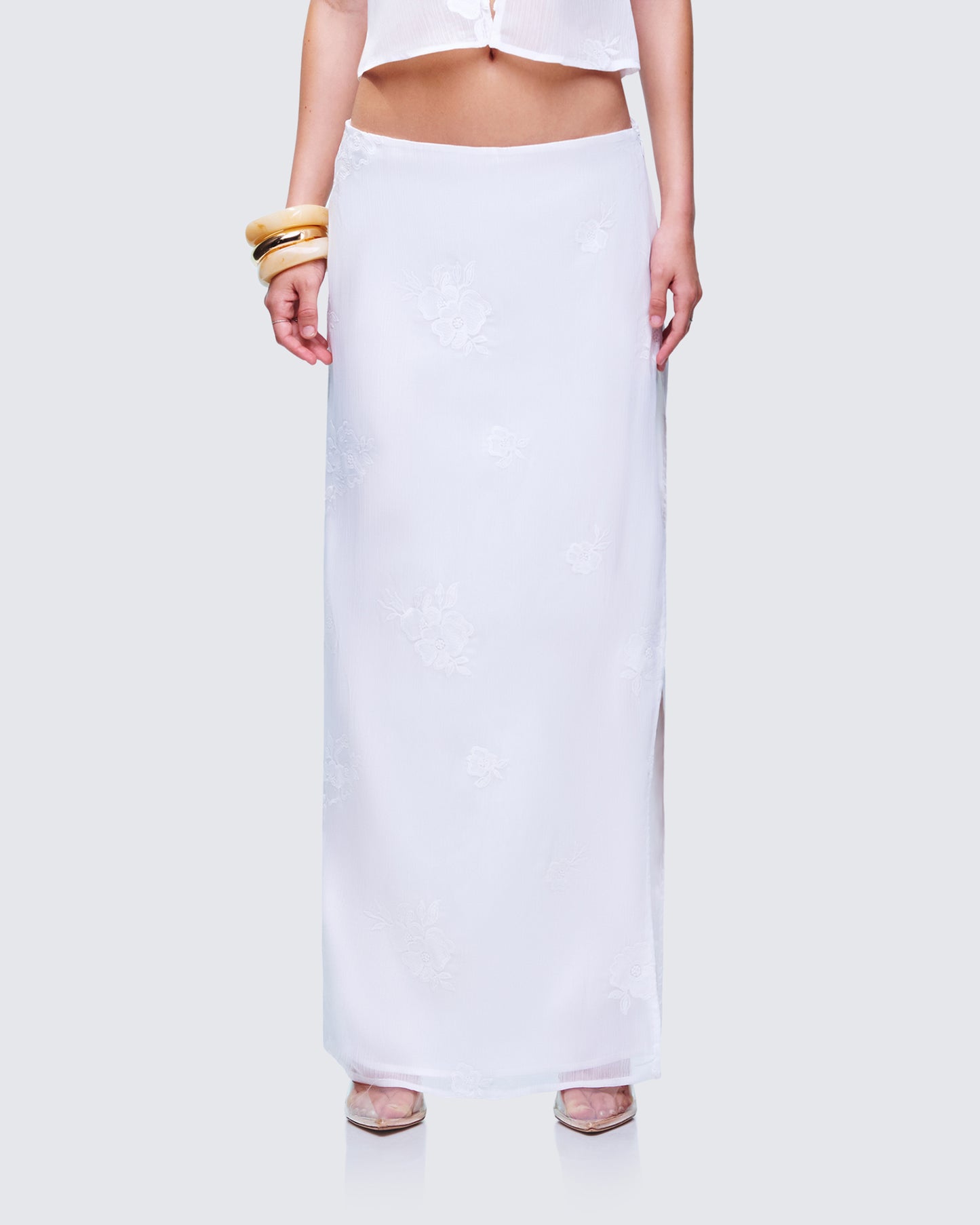 Isla Ivory Embroidered Maxi Skirt model front