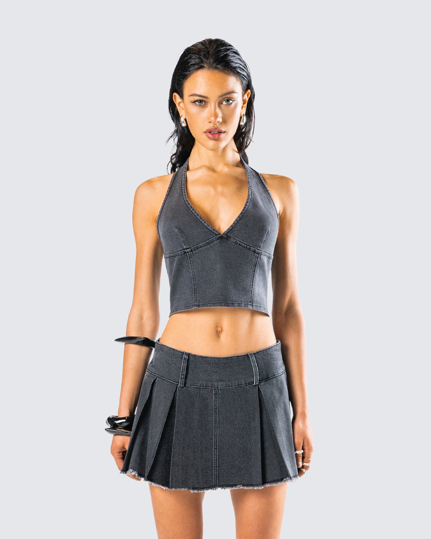 Ismay Black Denim Halter Top model front
