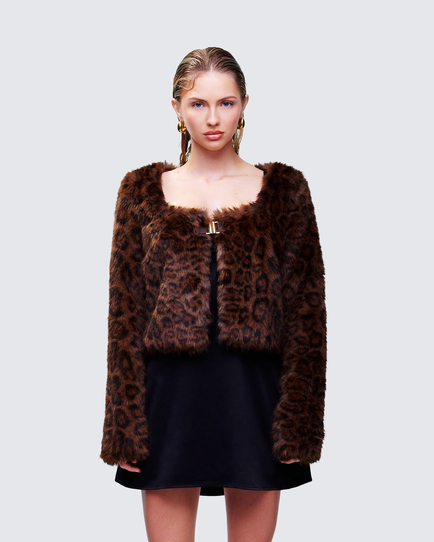 Isola Brown Faux Fur Cropped Jacket model front