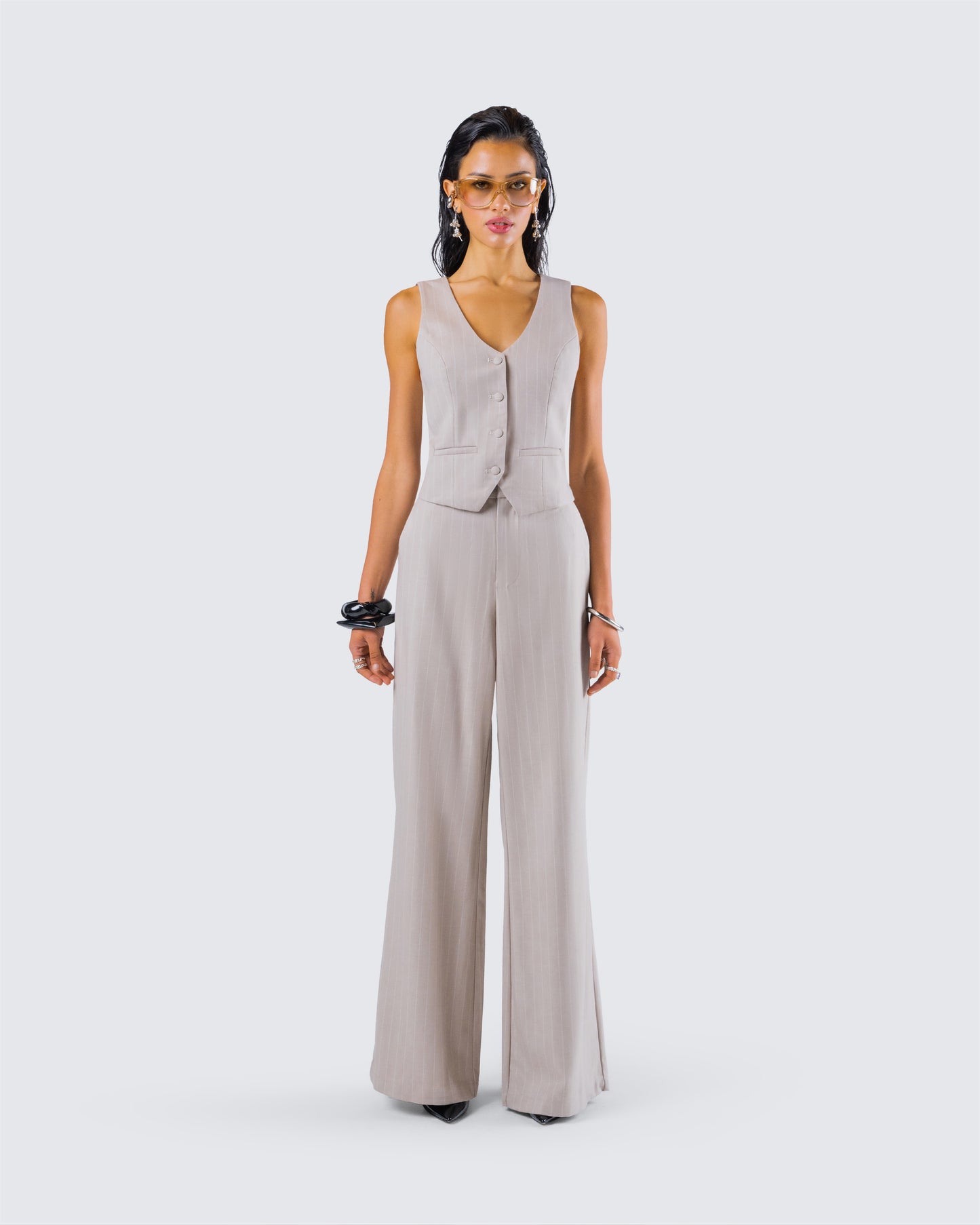 Jaelyn Beige Pinstripe Set model front