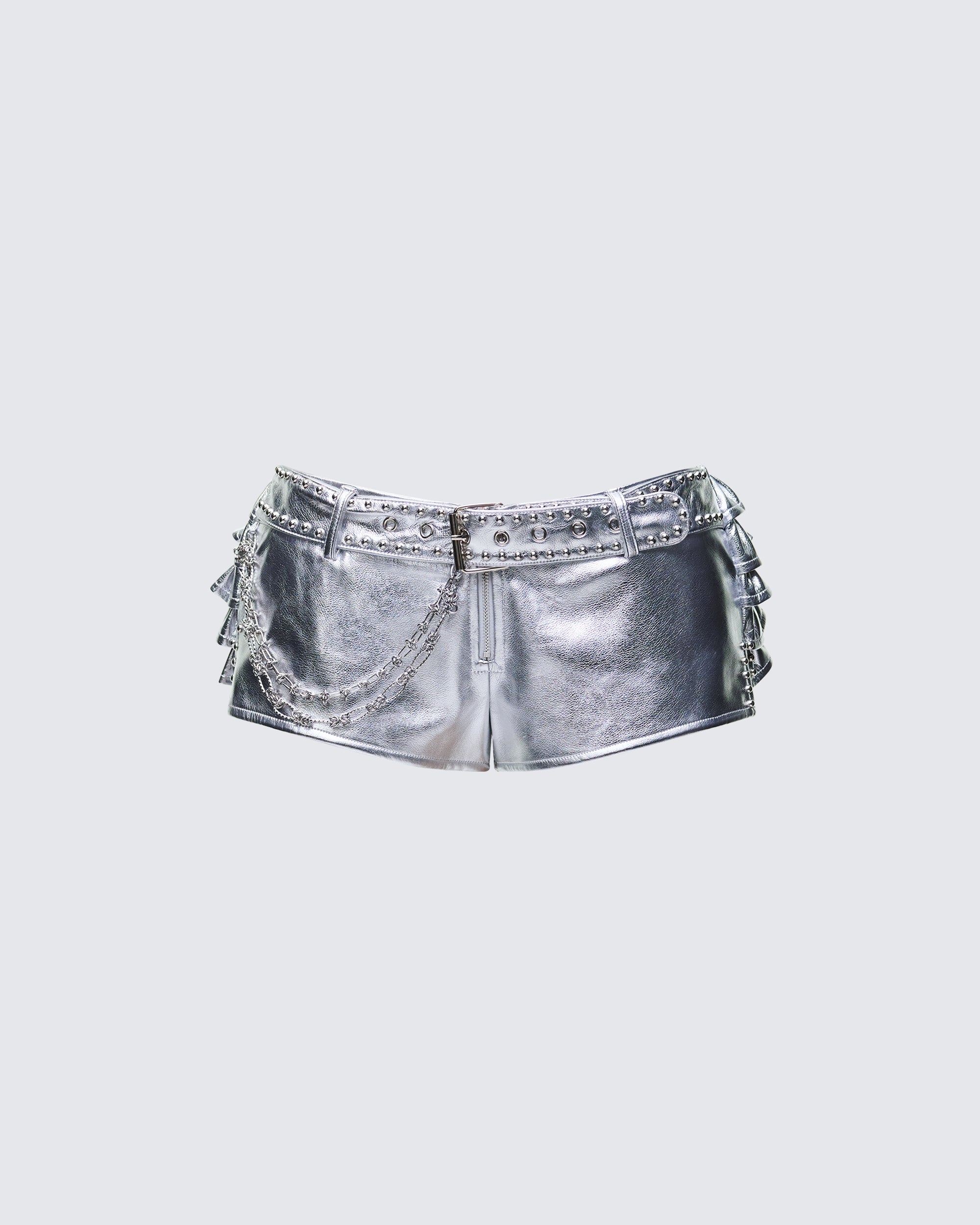 Silver Metallic Mini Shorts - Chain Belt Low Rise – FINESSE