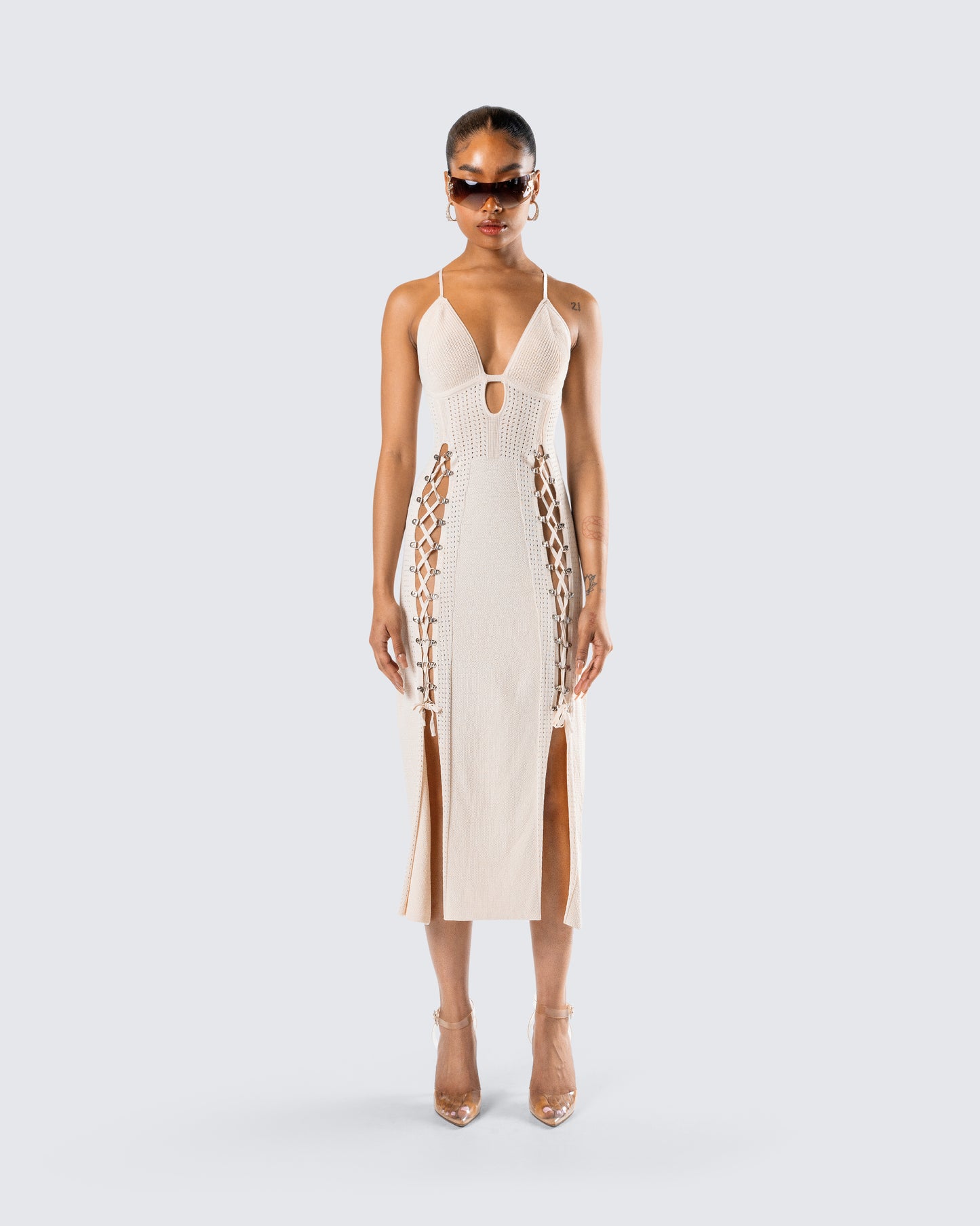 Jing Ivory Crochet Knit Midi Dress model front