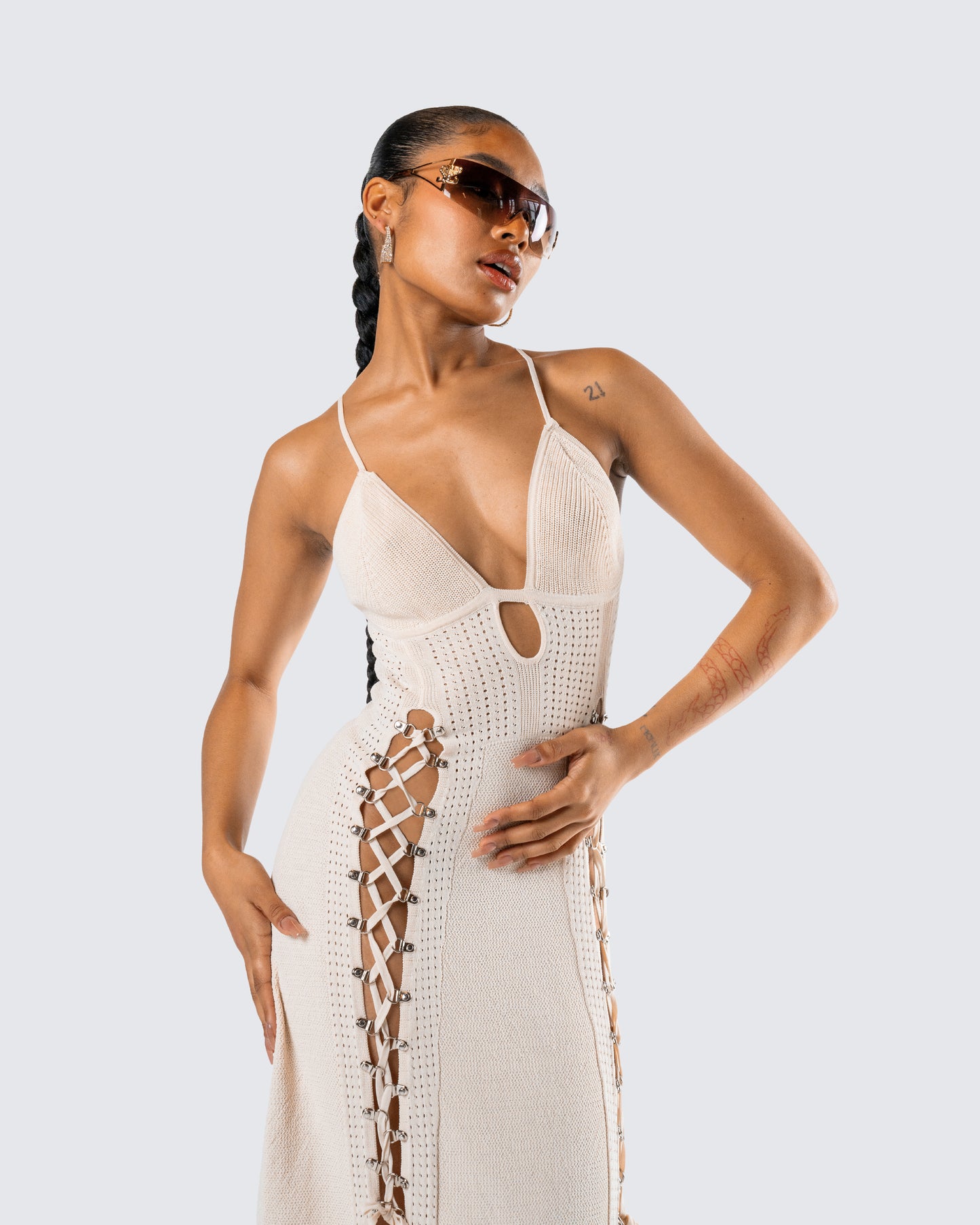 Jing Ivory Crochet Knit Midi Dress