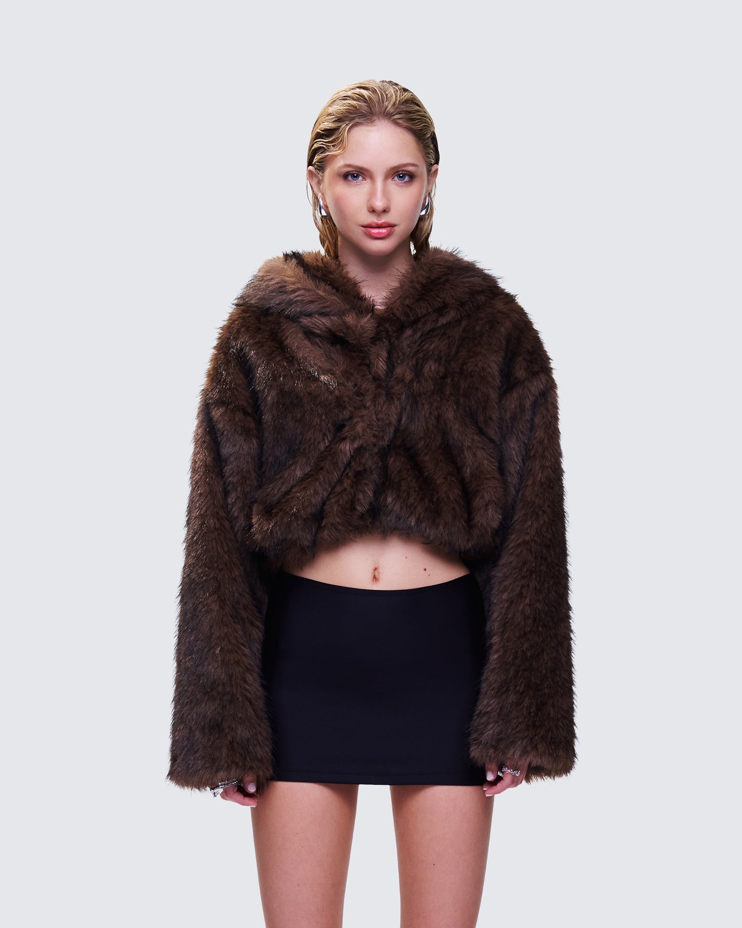 Joaquina Brown Fur Cropped Coat model front