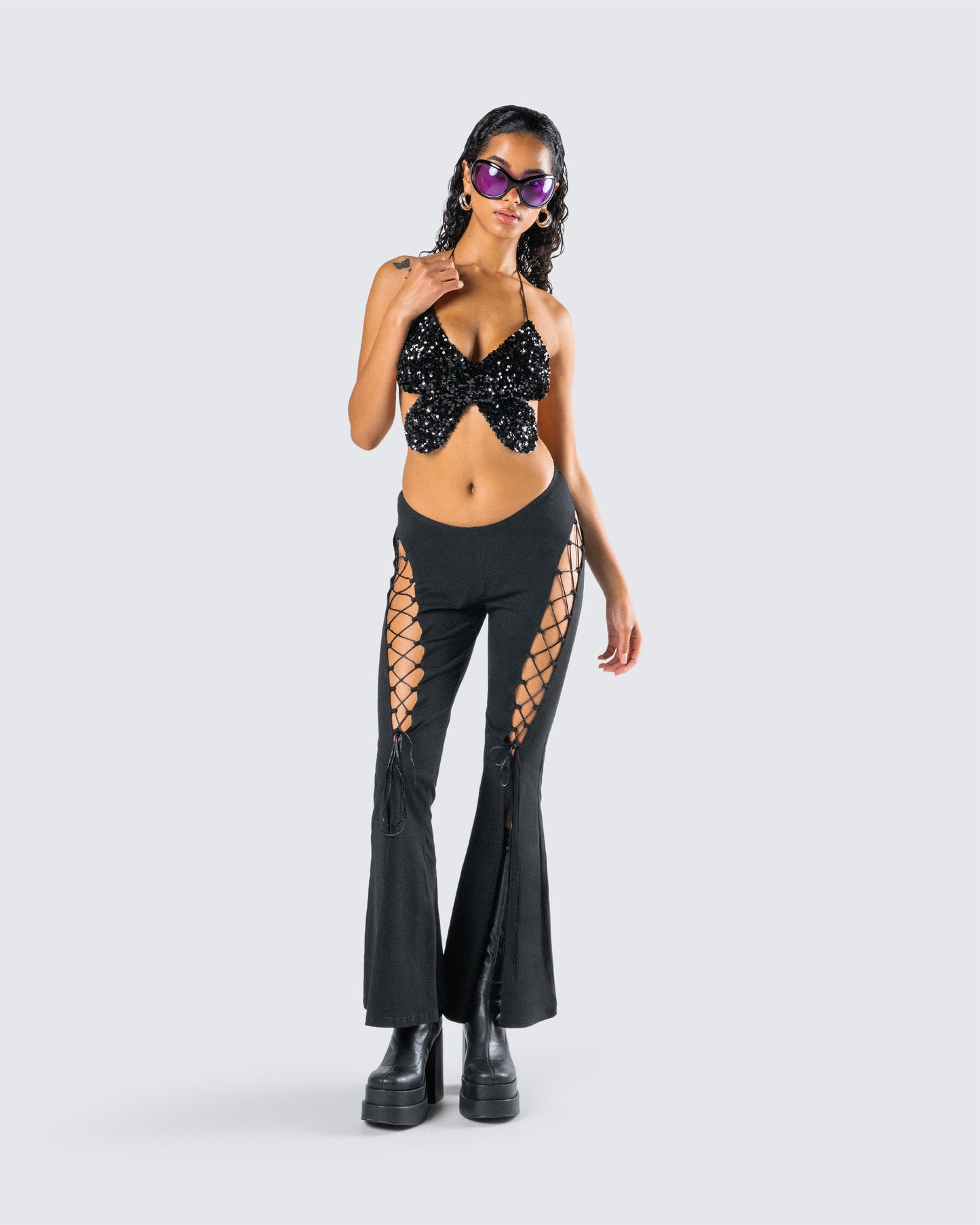 Juan Black Lace Up Flare Pant