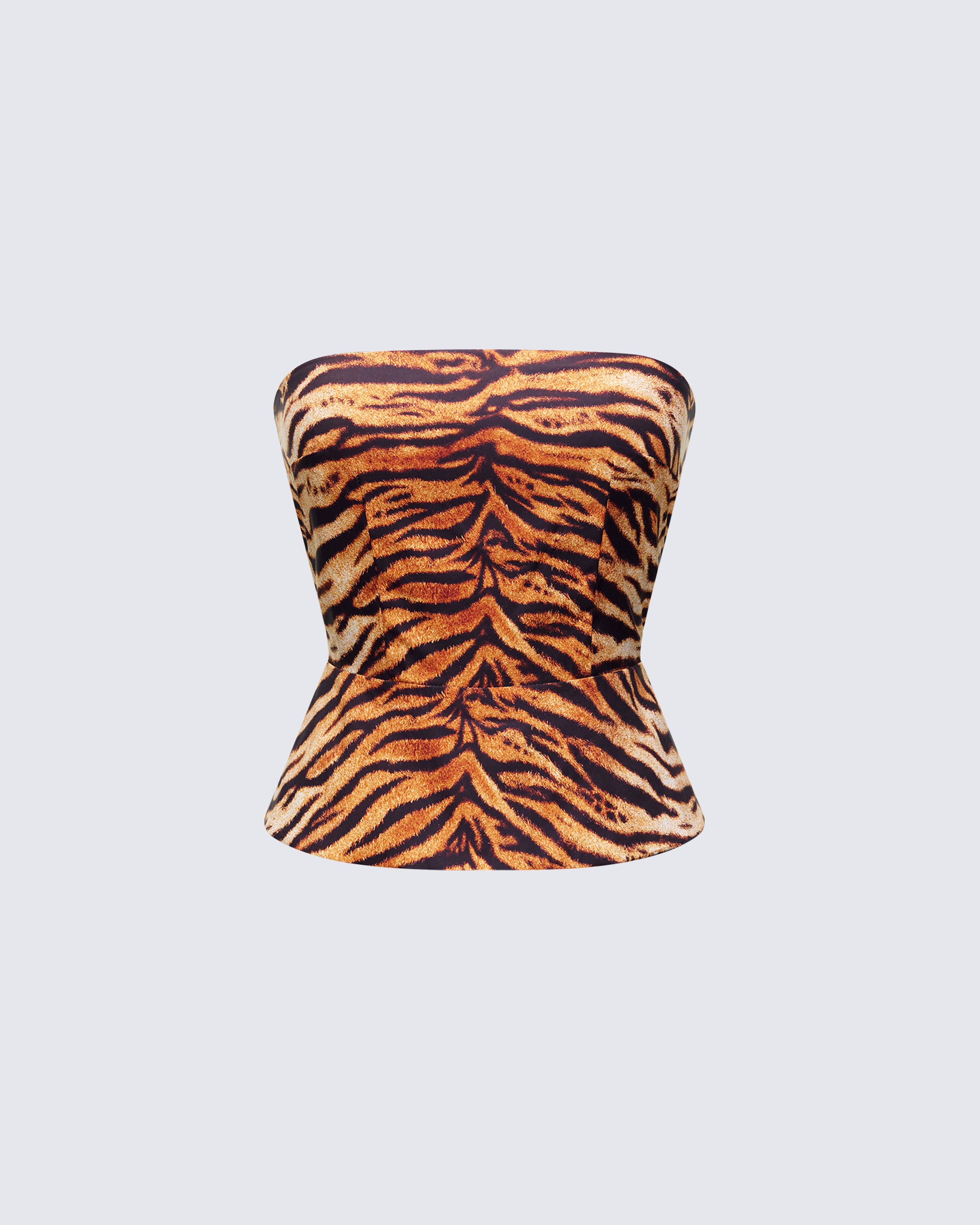 Brown Tiger Print Strapless Crop Top Fitted Peplum FINESSE