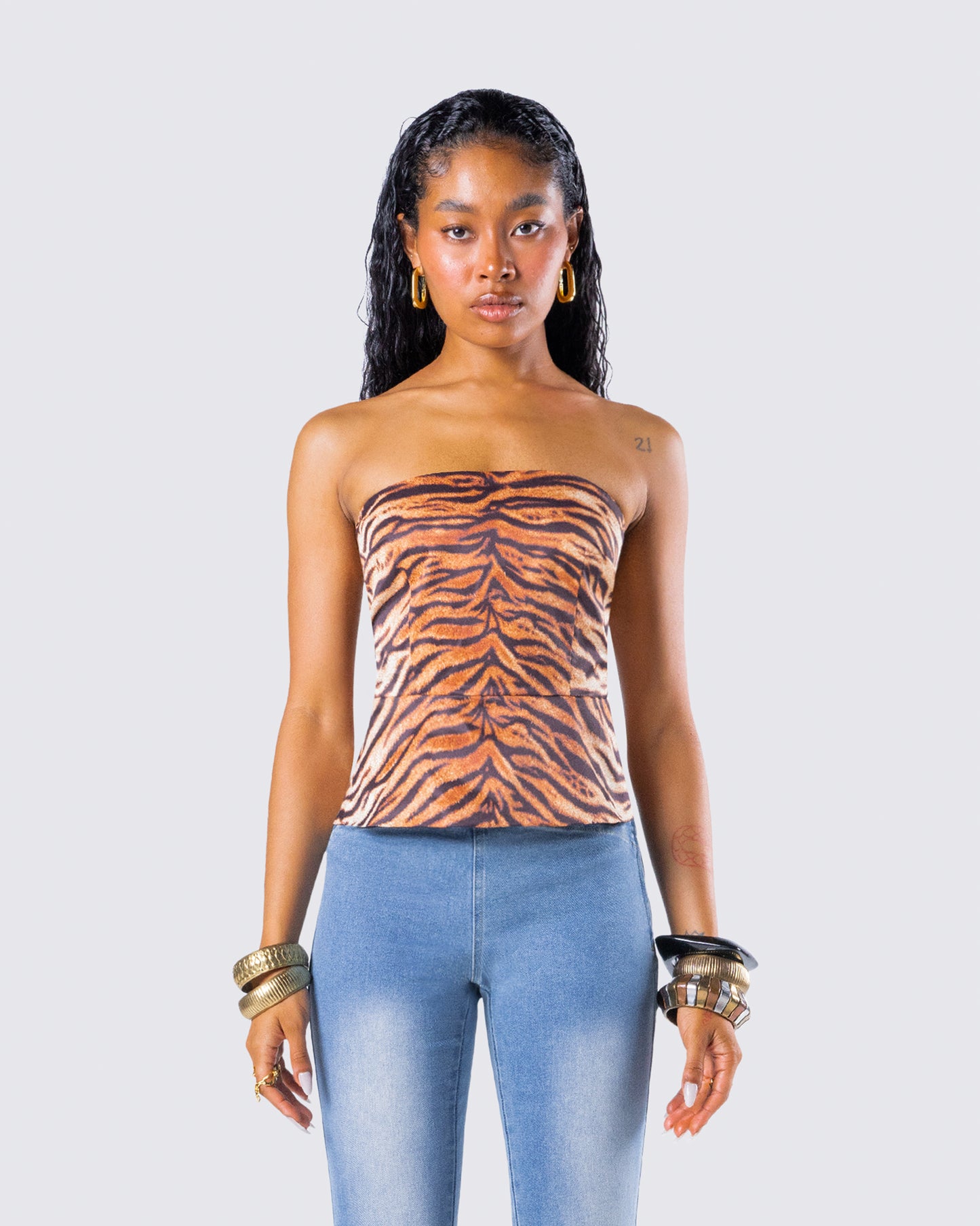 Juliana Brown Tiger Print Top model front