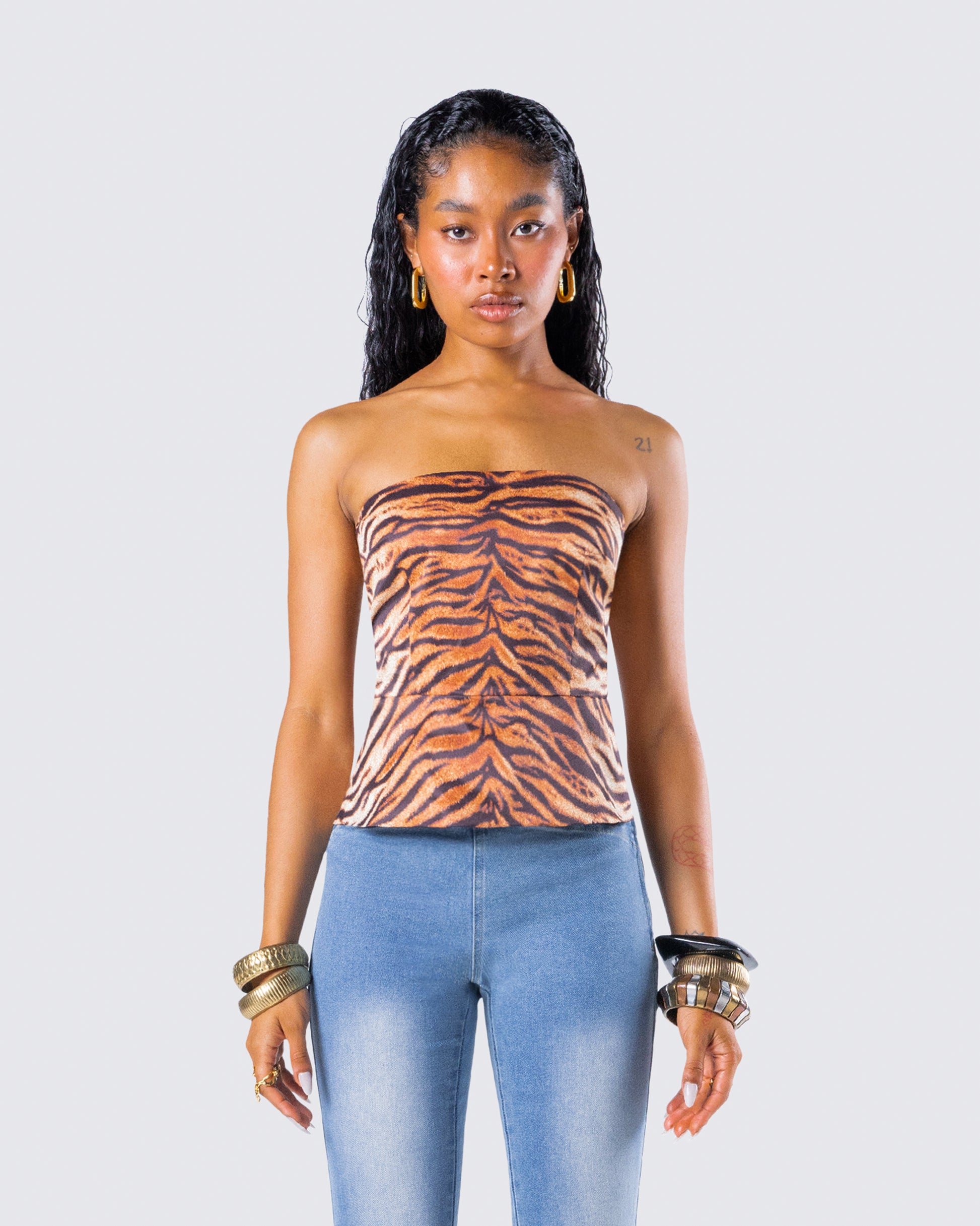 Juliana Brown Tiger Print Top model front