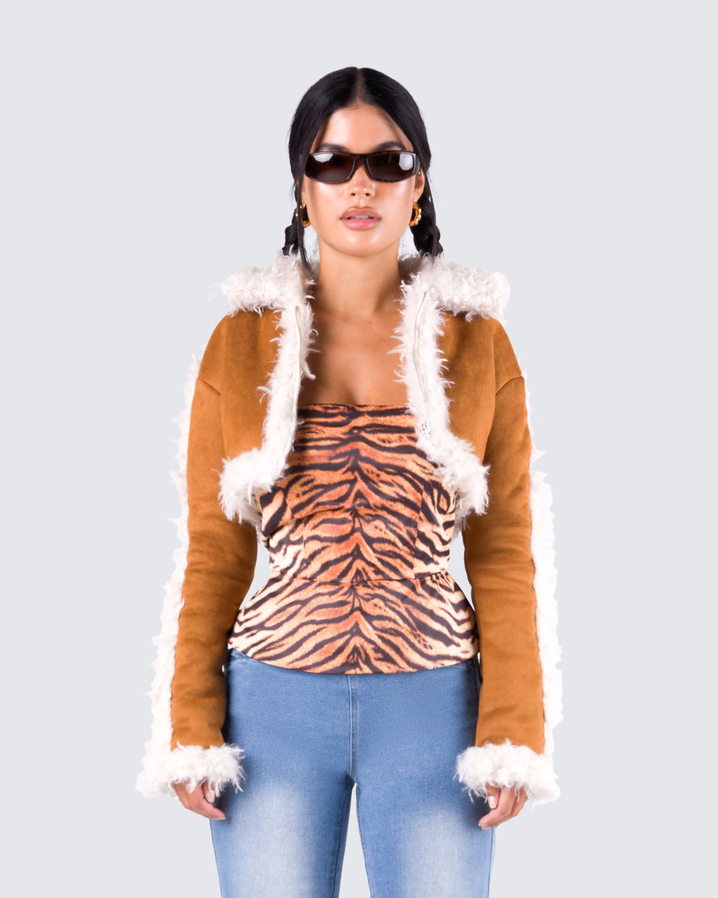 Juliana Tan Faux Shearling Jacket model front