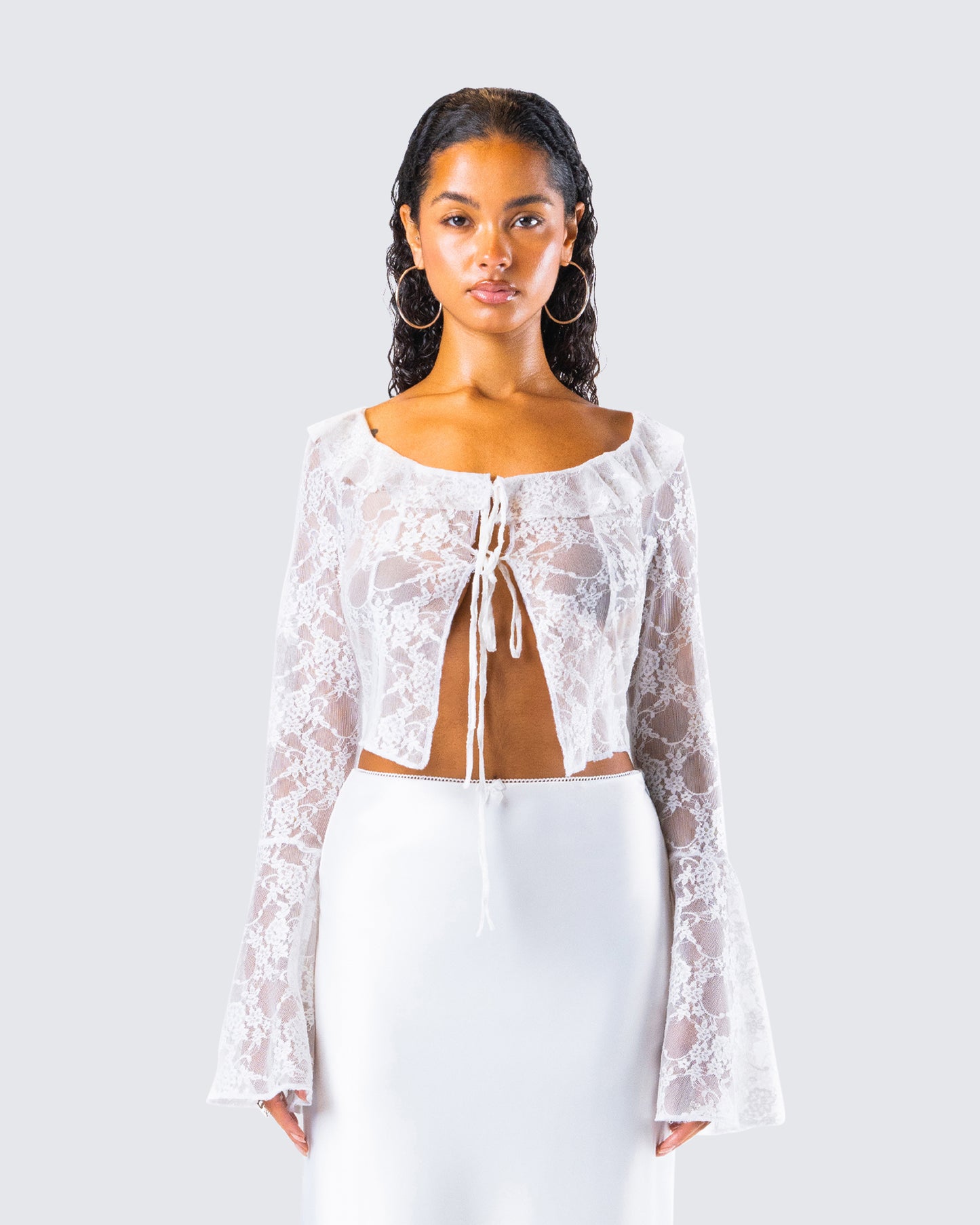Juliet White Lace Ruffle Top model front