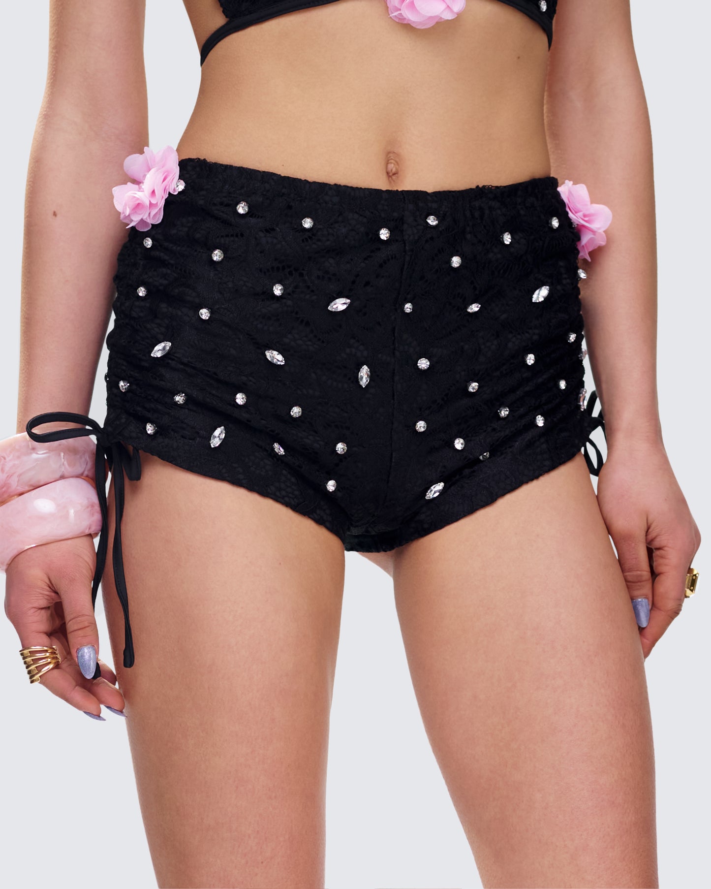 Julissa Black Hand Beaded Rhinestone Shorts