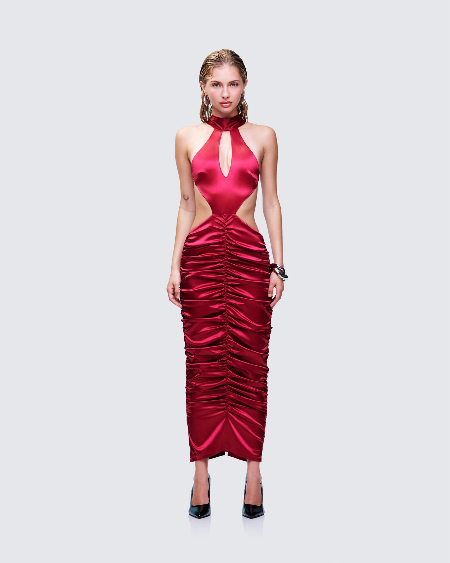 Junia Red Ruched Midi Dress model front
