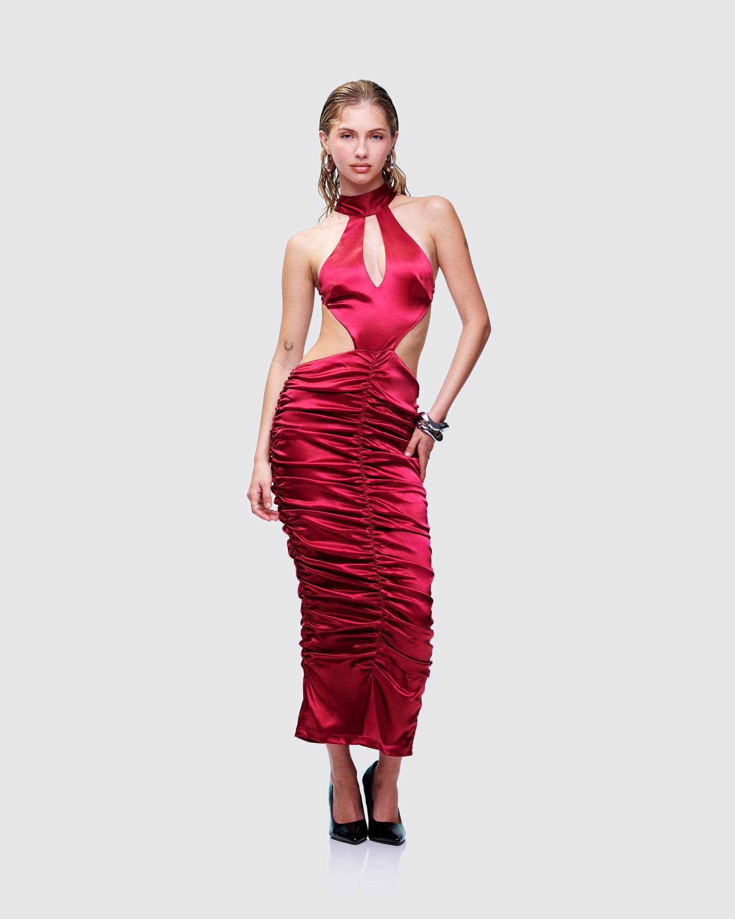Junia Red Ruched Midi Dress
