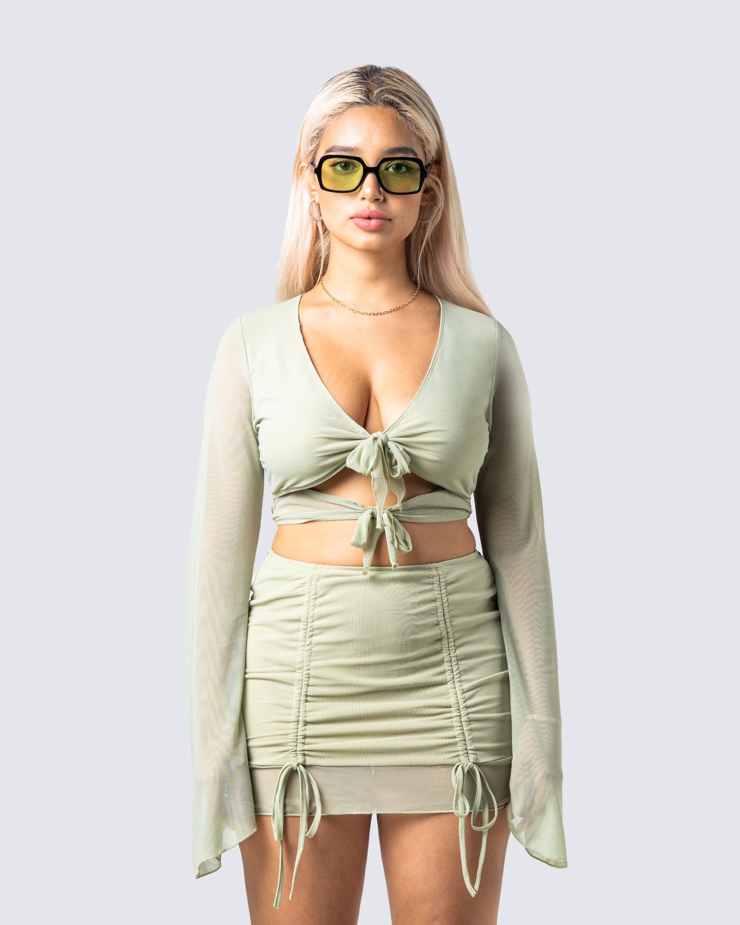 Jolie Olive Mesh Tie Front Top model front