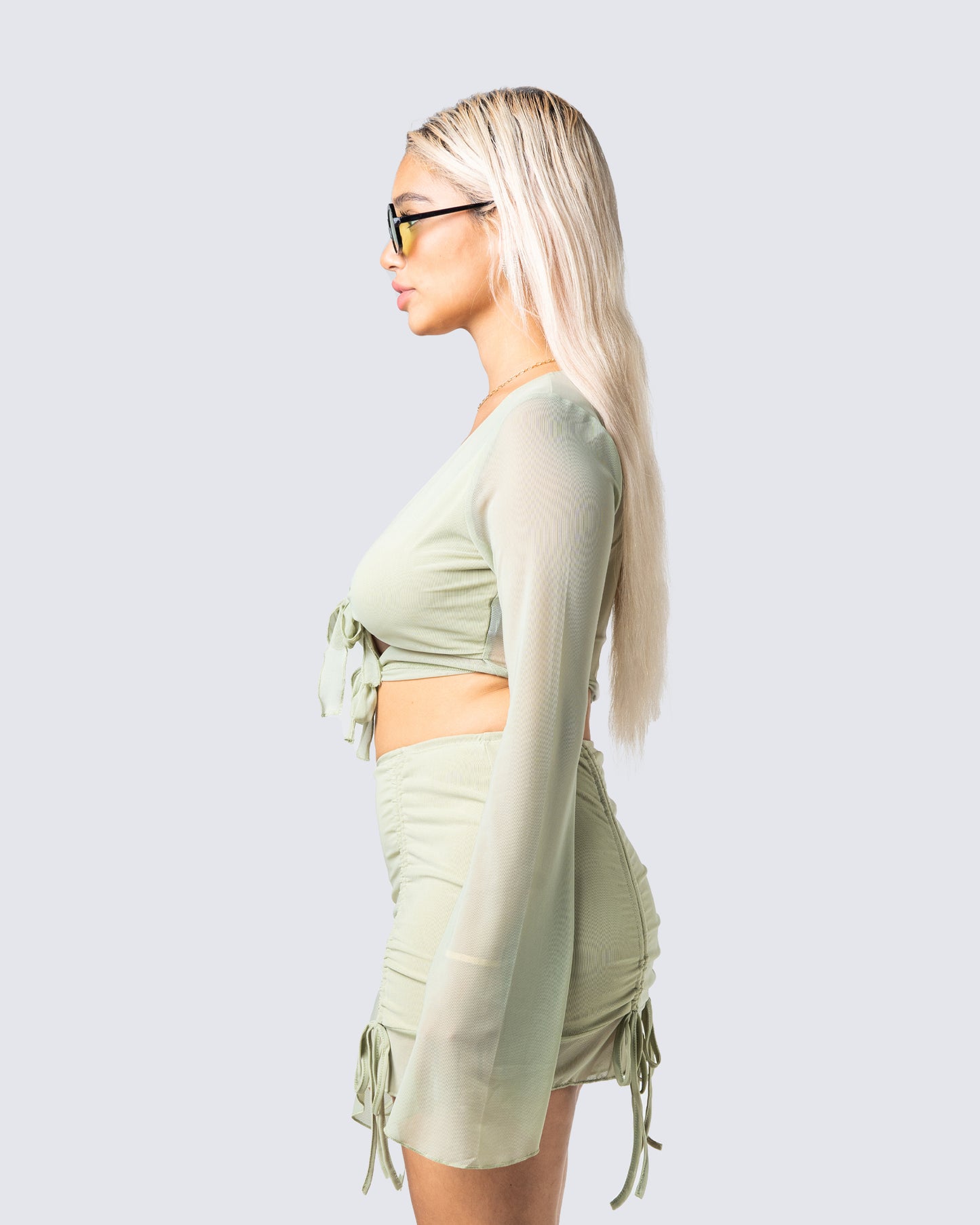 Jolie Olive Mesh Tie Front Top