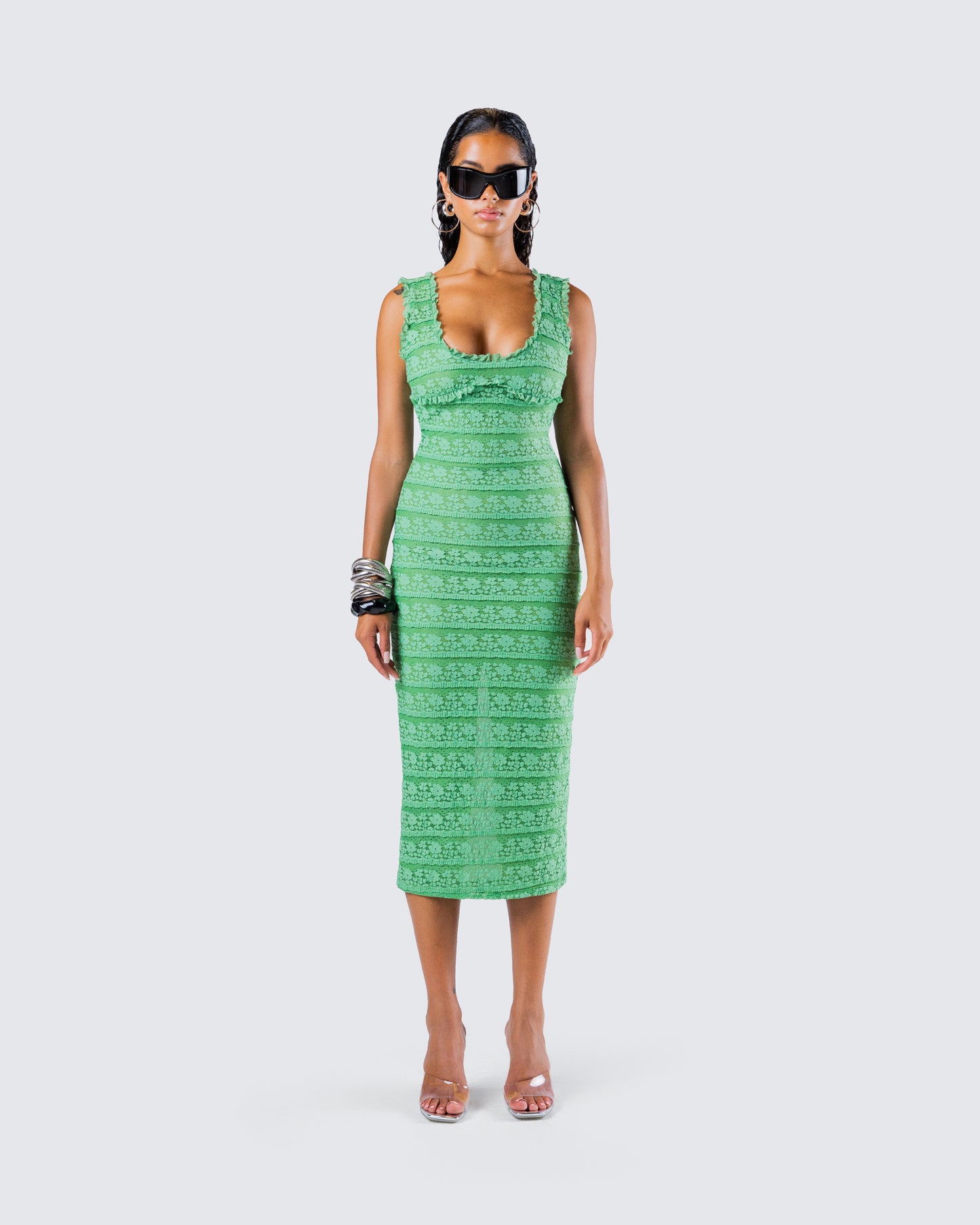 Kairi Green Ruffle Trim Midi Dress model front