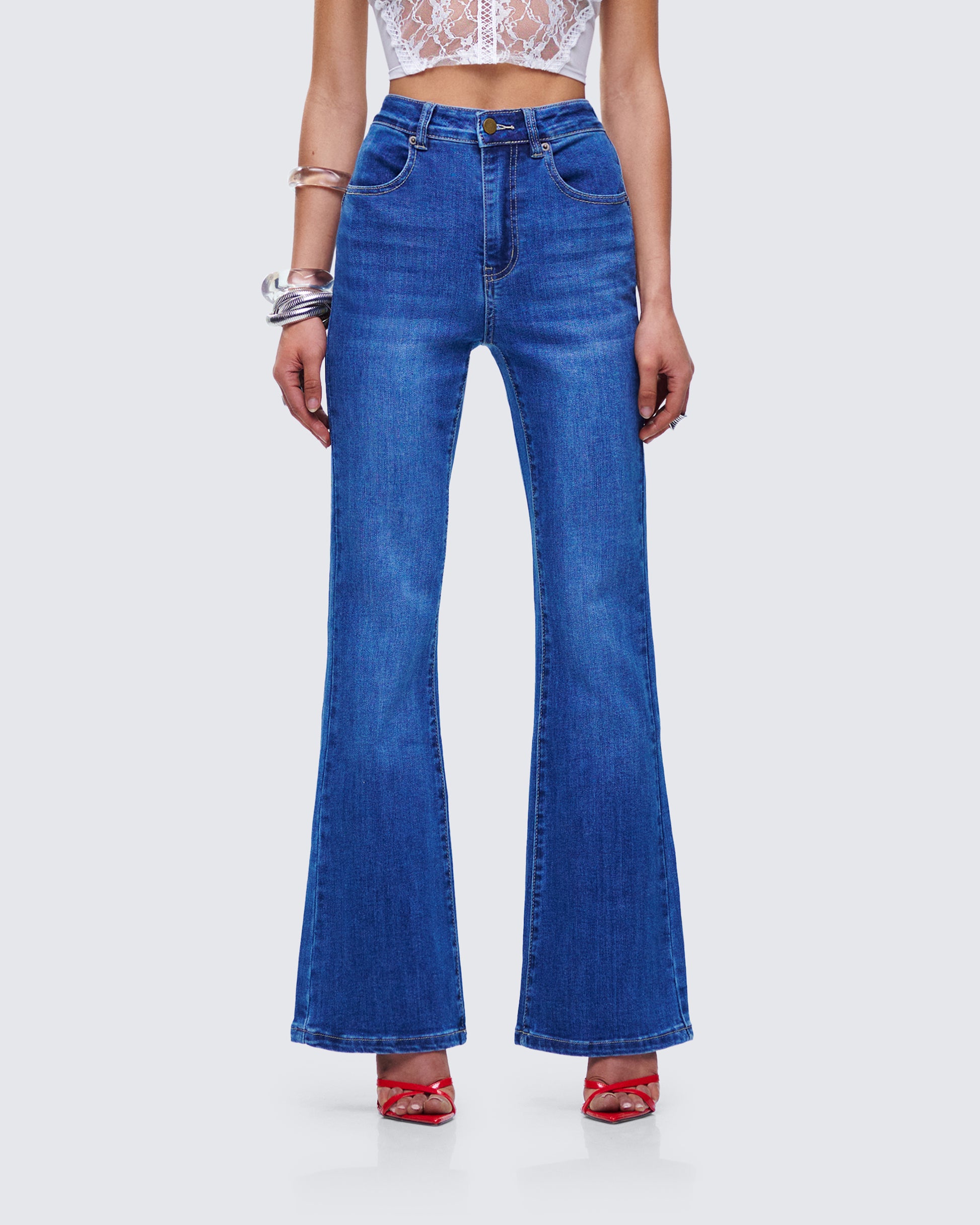 Kass High Rise Blue Denim Rainbow Jean model front
