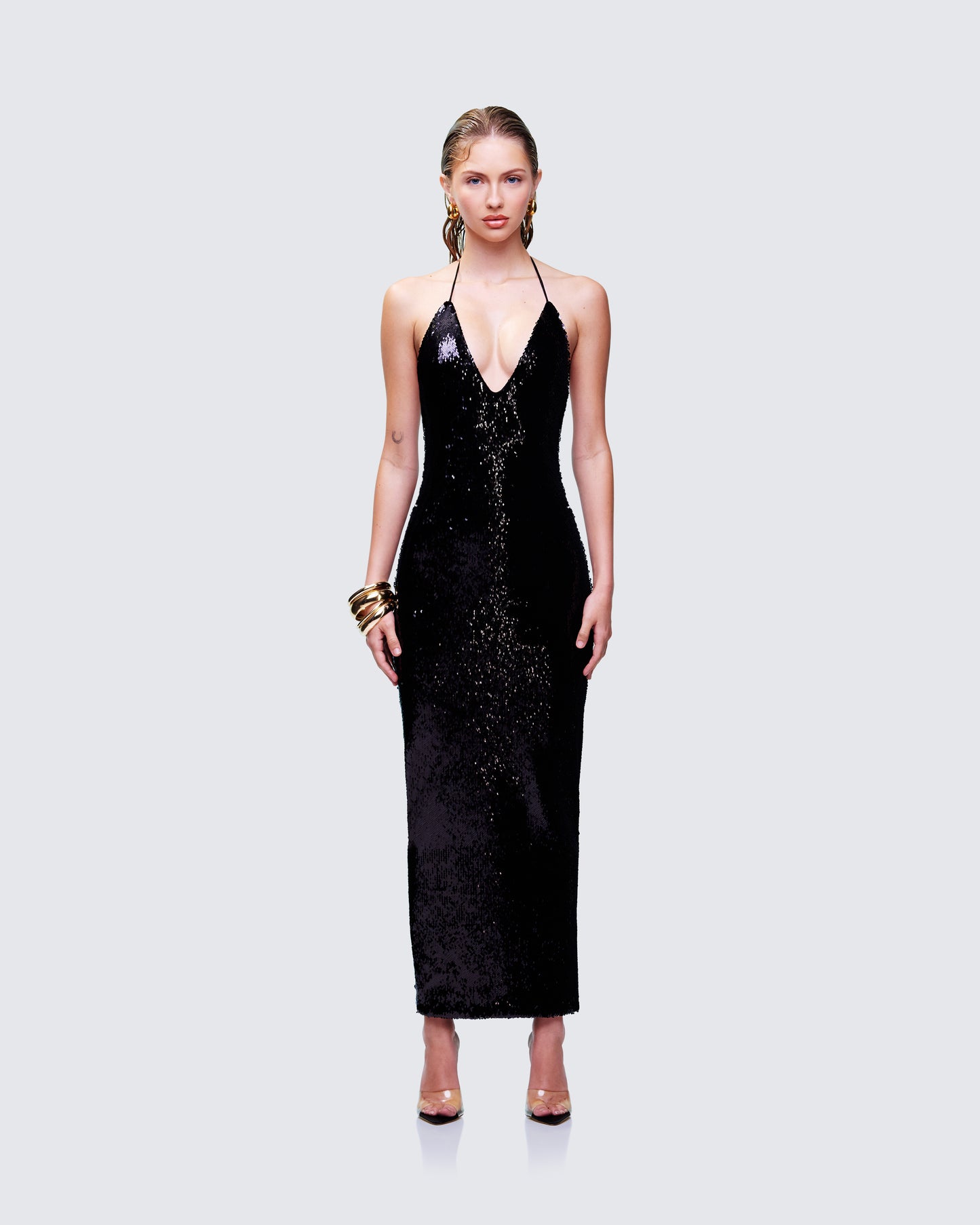 Khadija Black Sequin Pencil Midi Dress model front