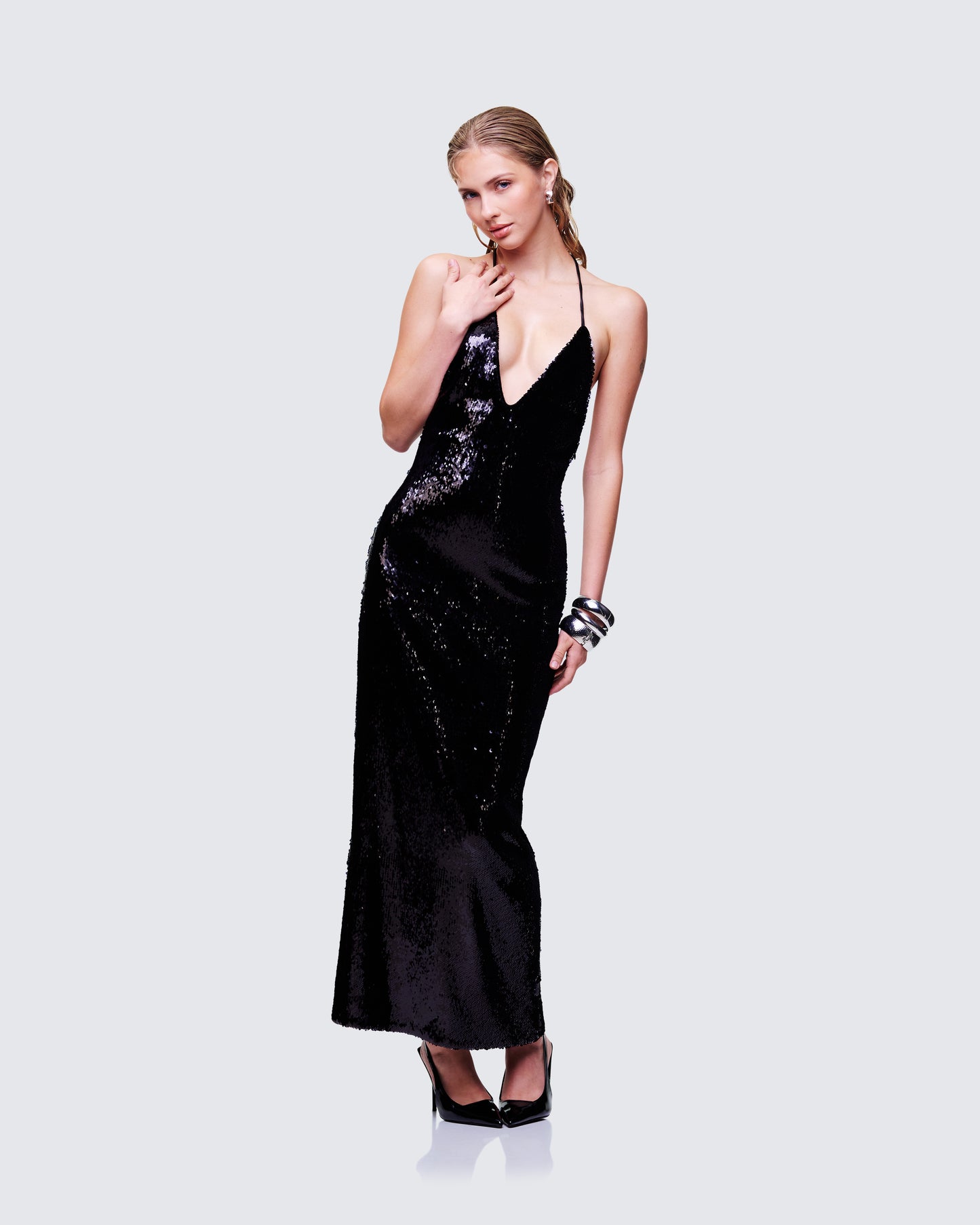 Khadija Black Sequin Pencil Midi Dress