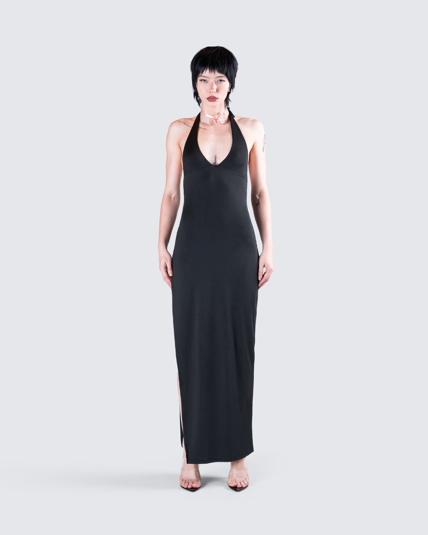 Kiari Black Halter Maxi Dress model front
