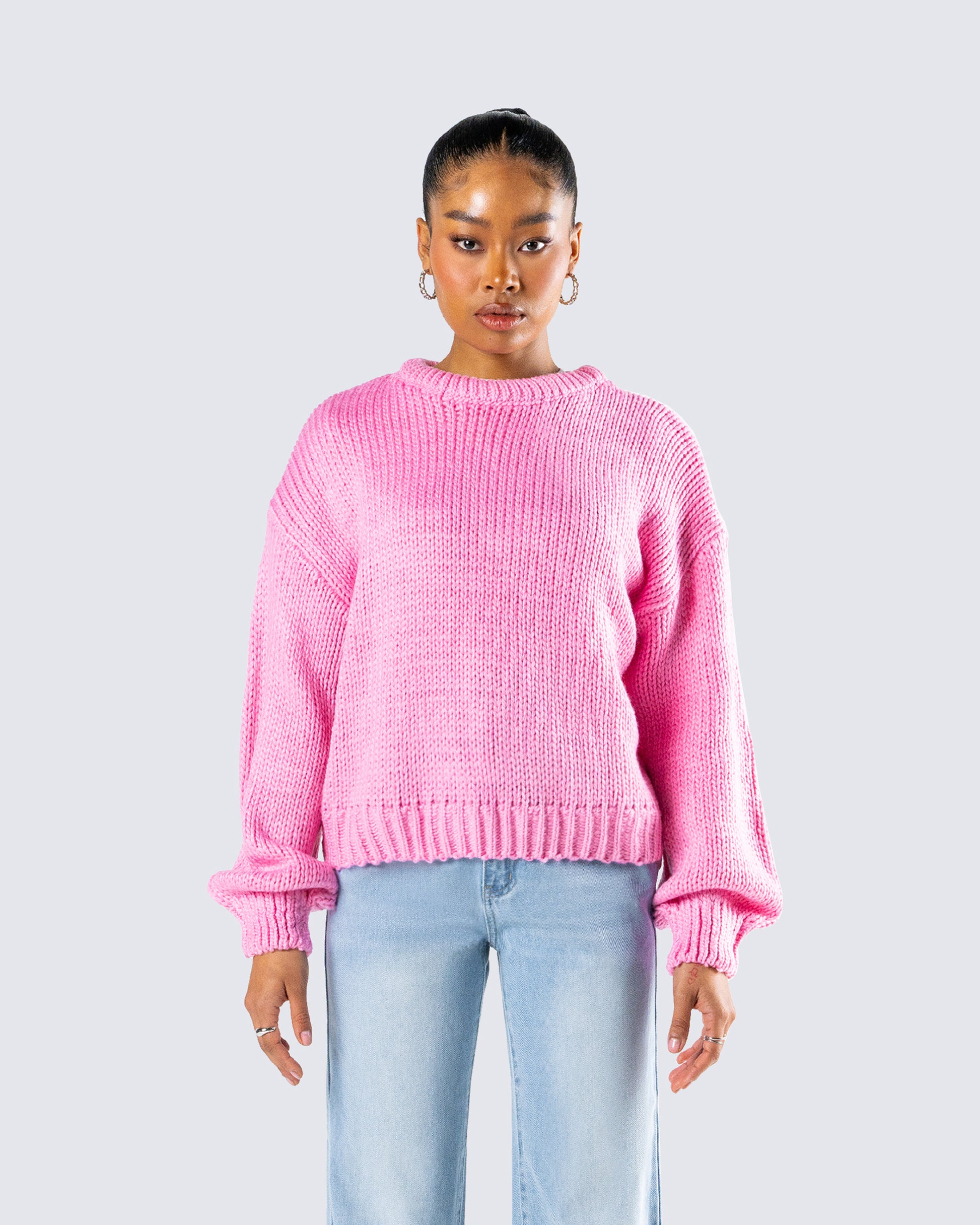 Kiera Pink Chunky Sweater Top model front