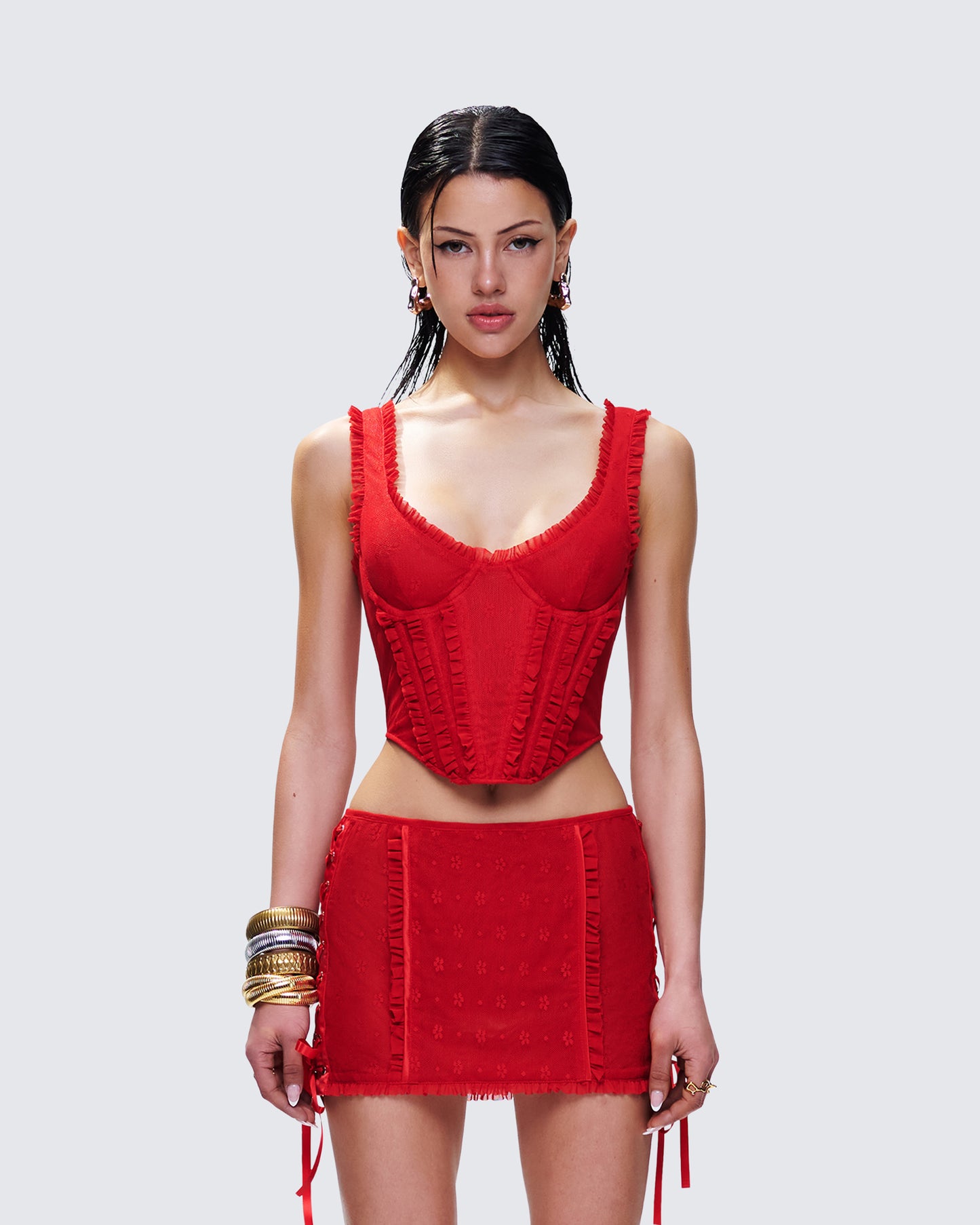 Kimona Red Ruffle Corset Top model front