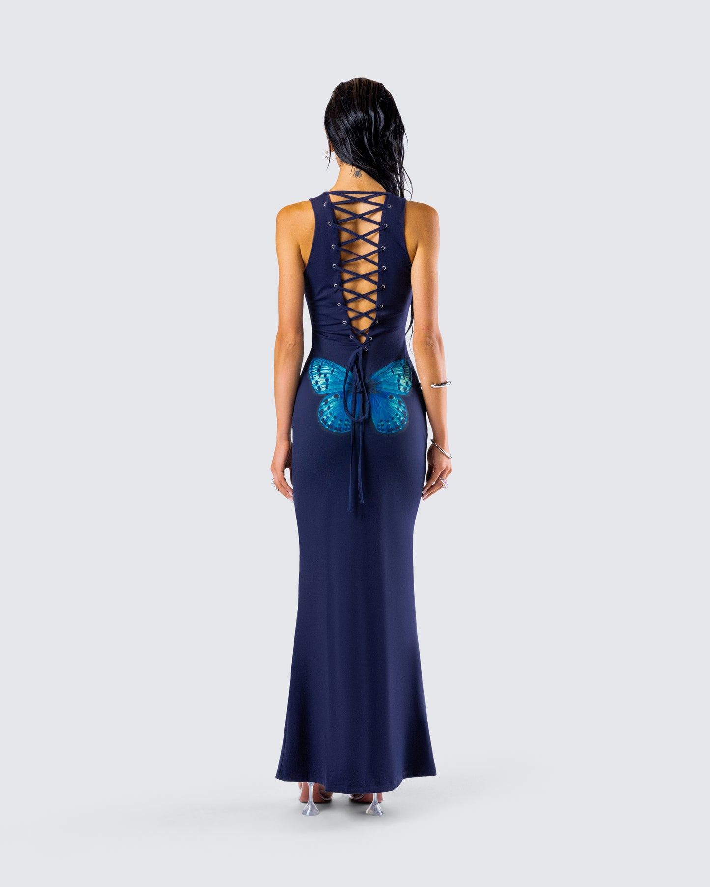 Kinny Navy Butterfly Print Maxi Dress