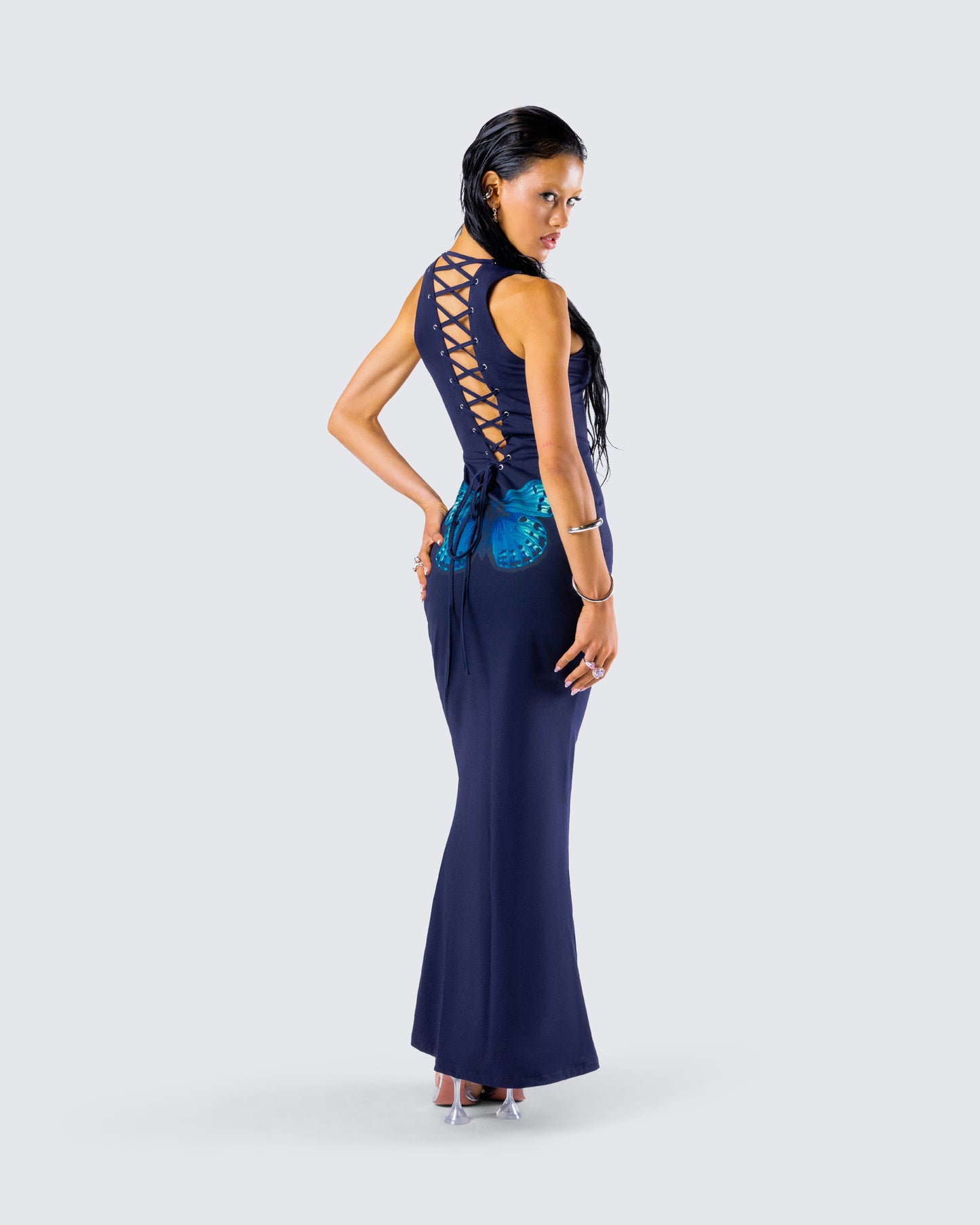 Kinny Navy Butterfly Print Maxi Dress