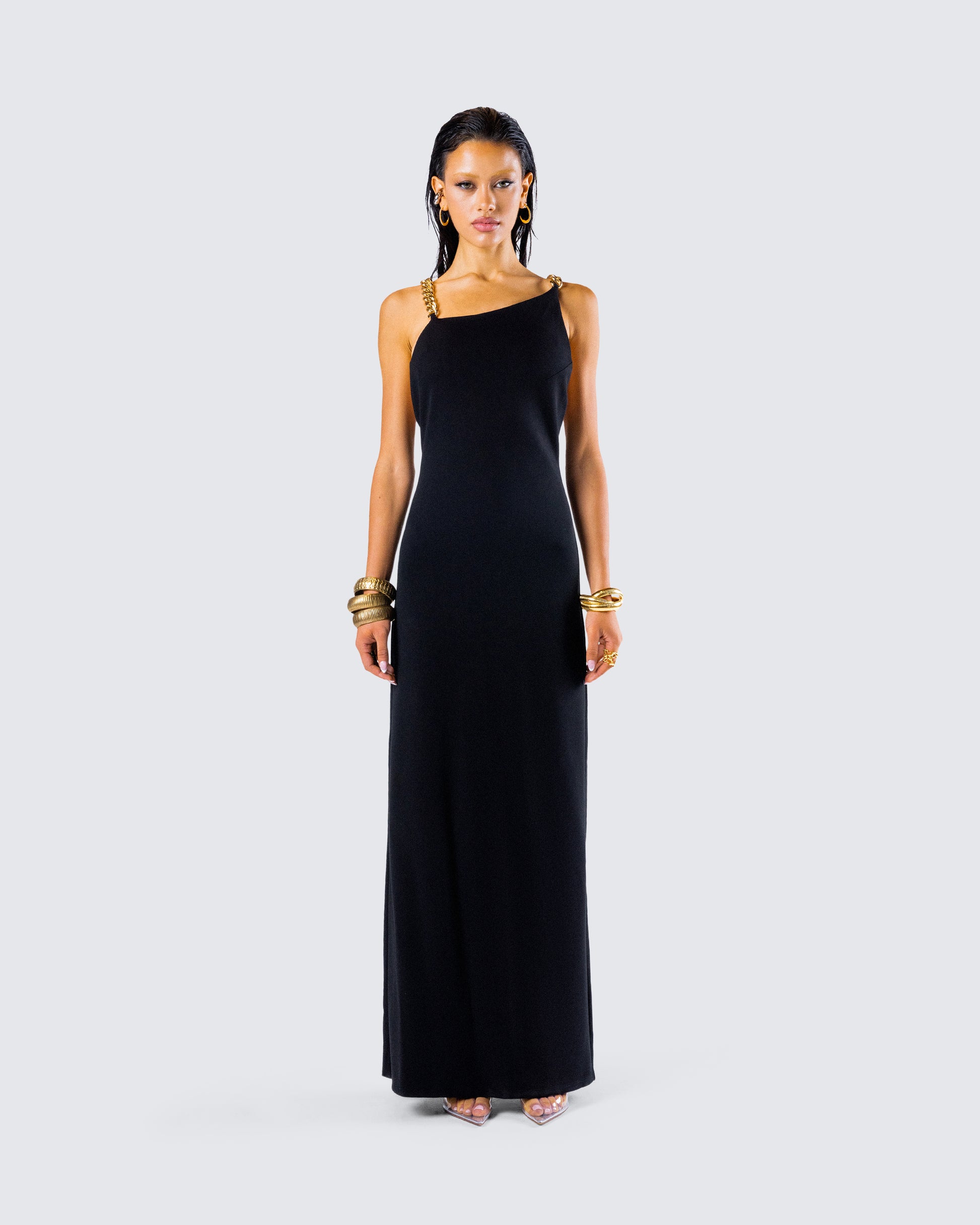 Kippa Black Asymmetrical Chain Gown model front