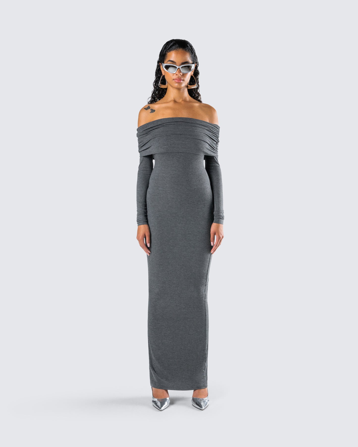 Kyan Charcoal Off Shoulder Maxi Dress model front