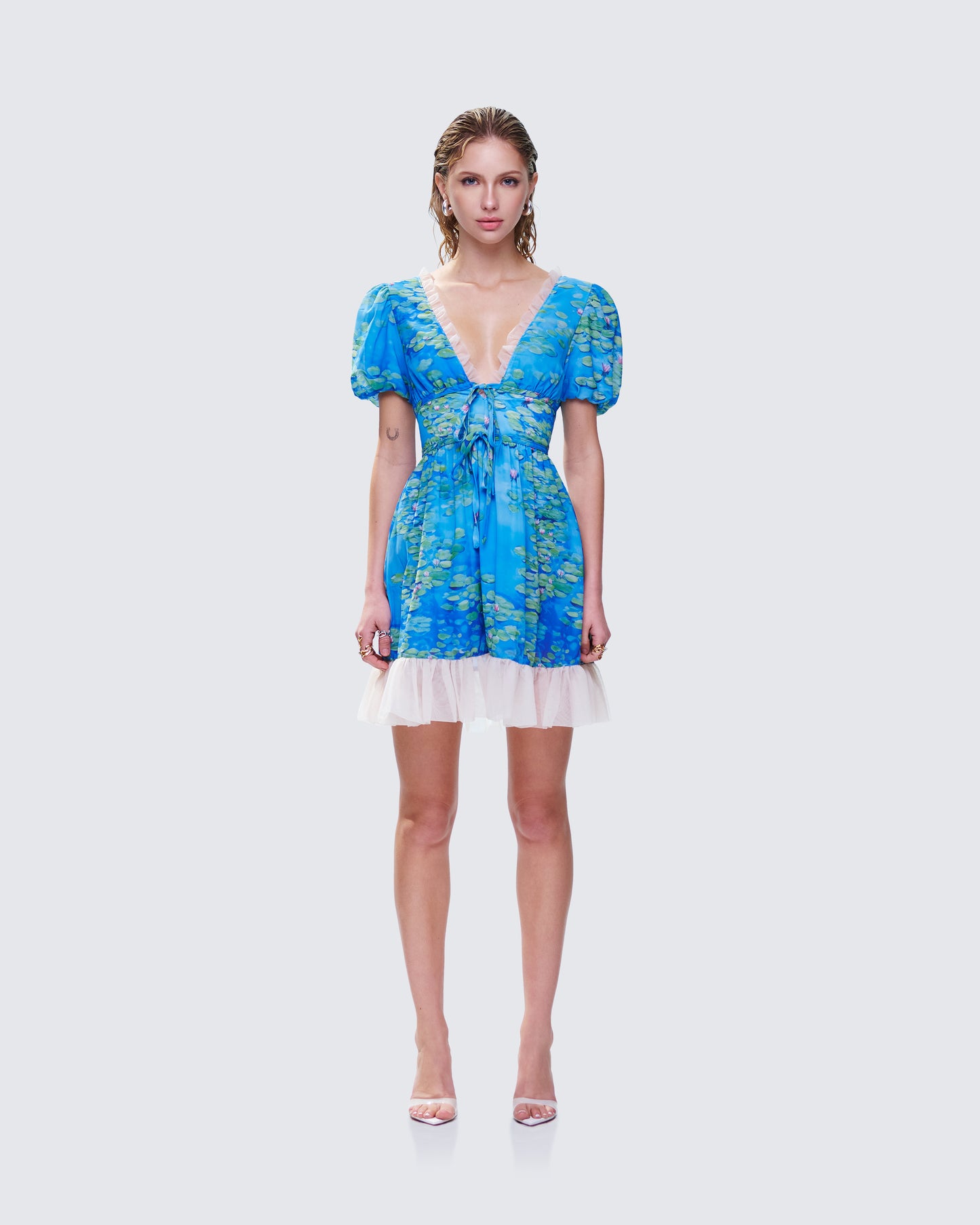 Lacey Blue Water Lilies Print Mini Dress model front