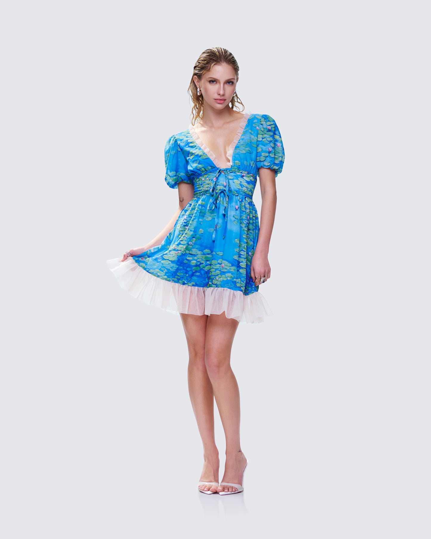 Lacey Blue Water Lilies Print Mini Dress