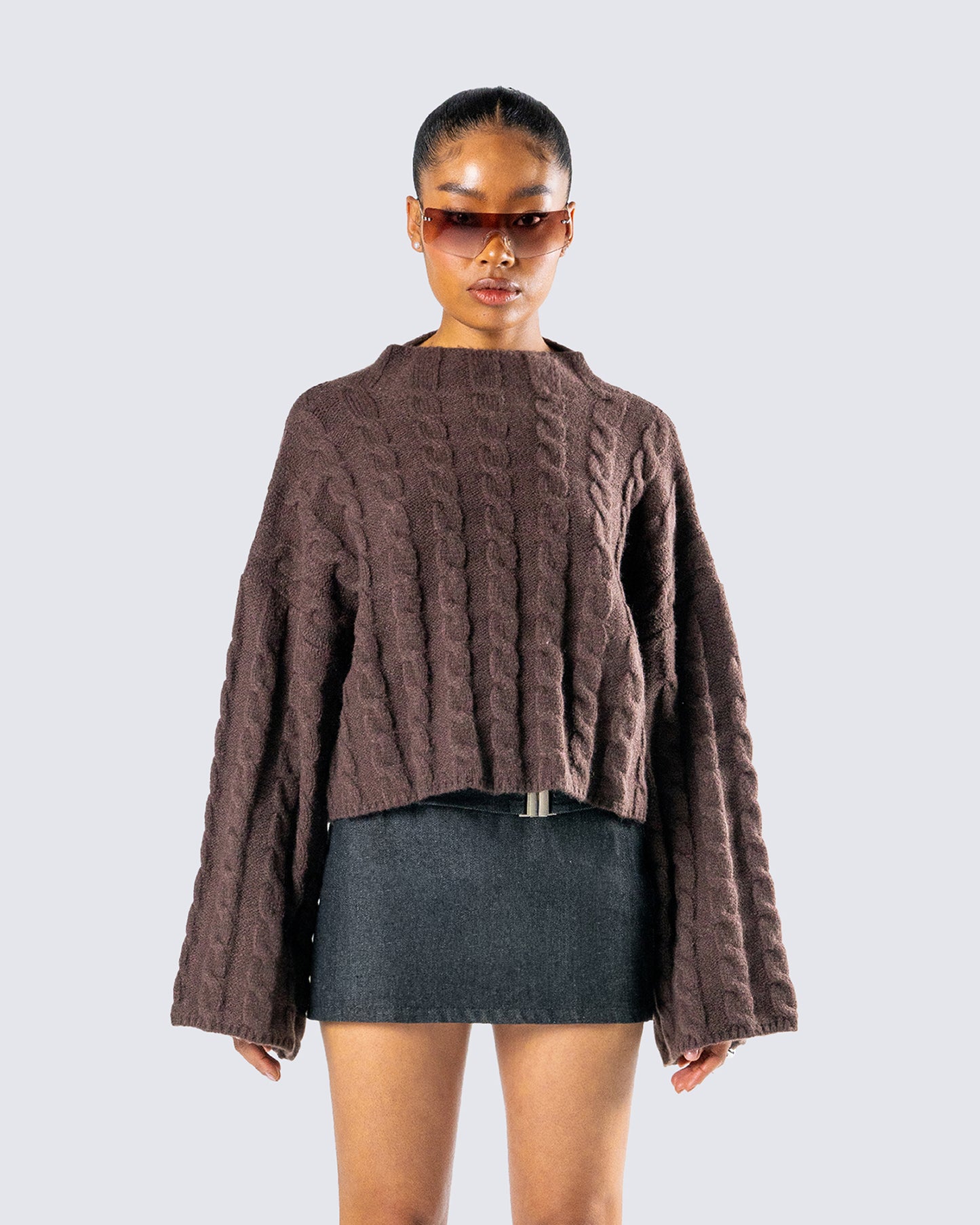 Larissa Brown Cable Knit Sweater model front