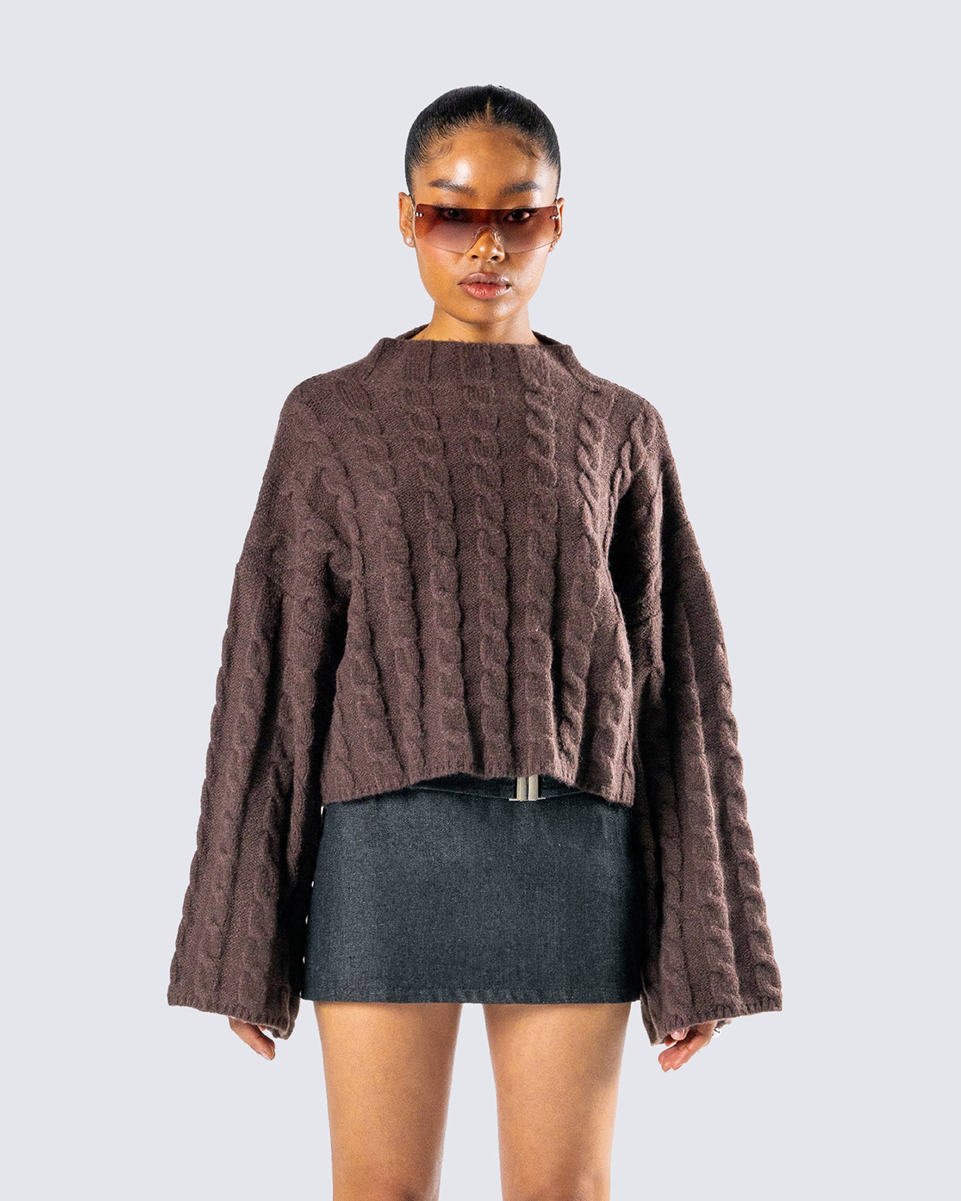 Larissa Brown Cable Knit Sweater model front