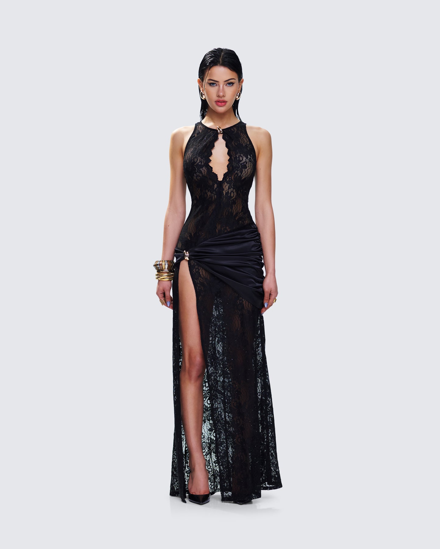 Lavinia Black Lace Cut Out Maxi Dress model front