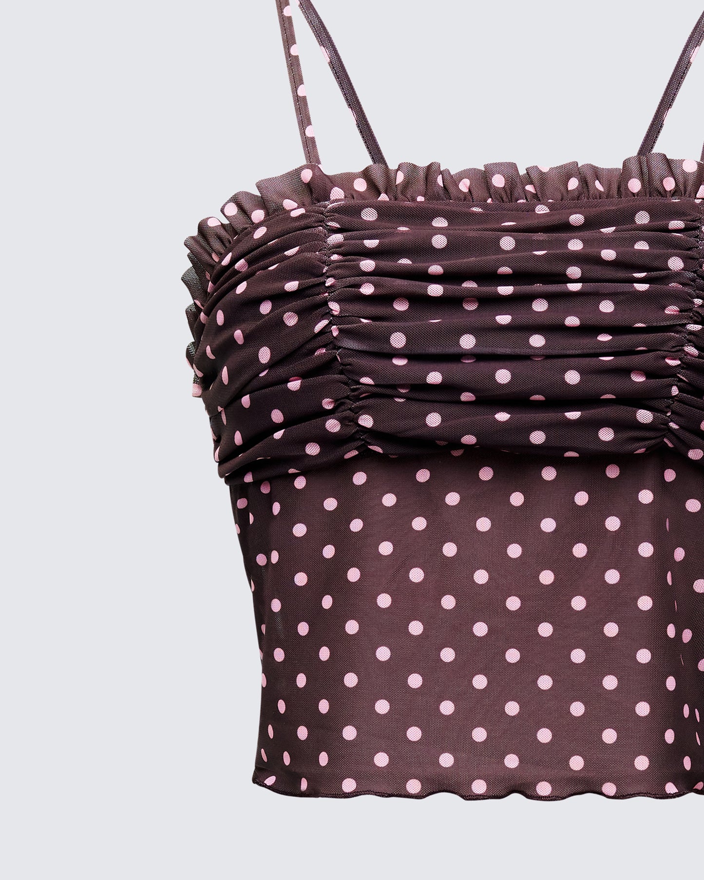 Lehlani Brown Polka Mesh Ruffle Edge Cami Top