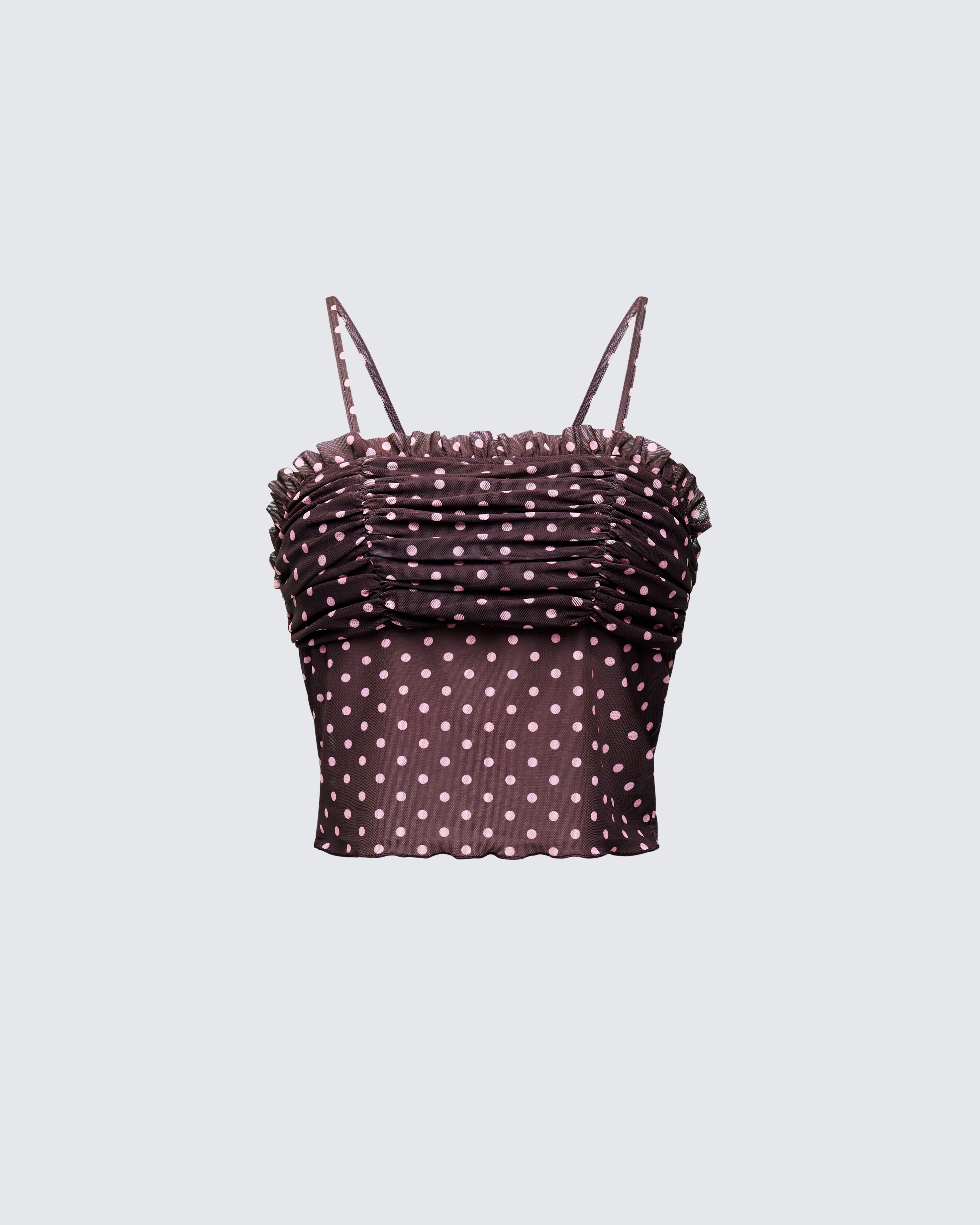 Brown Polka Dot Mesh Cami - Ruffle Ruched Party Top – FINESSE