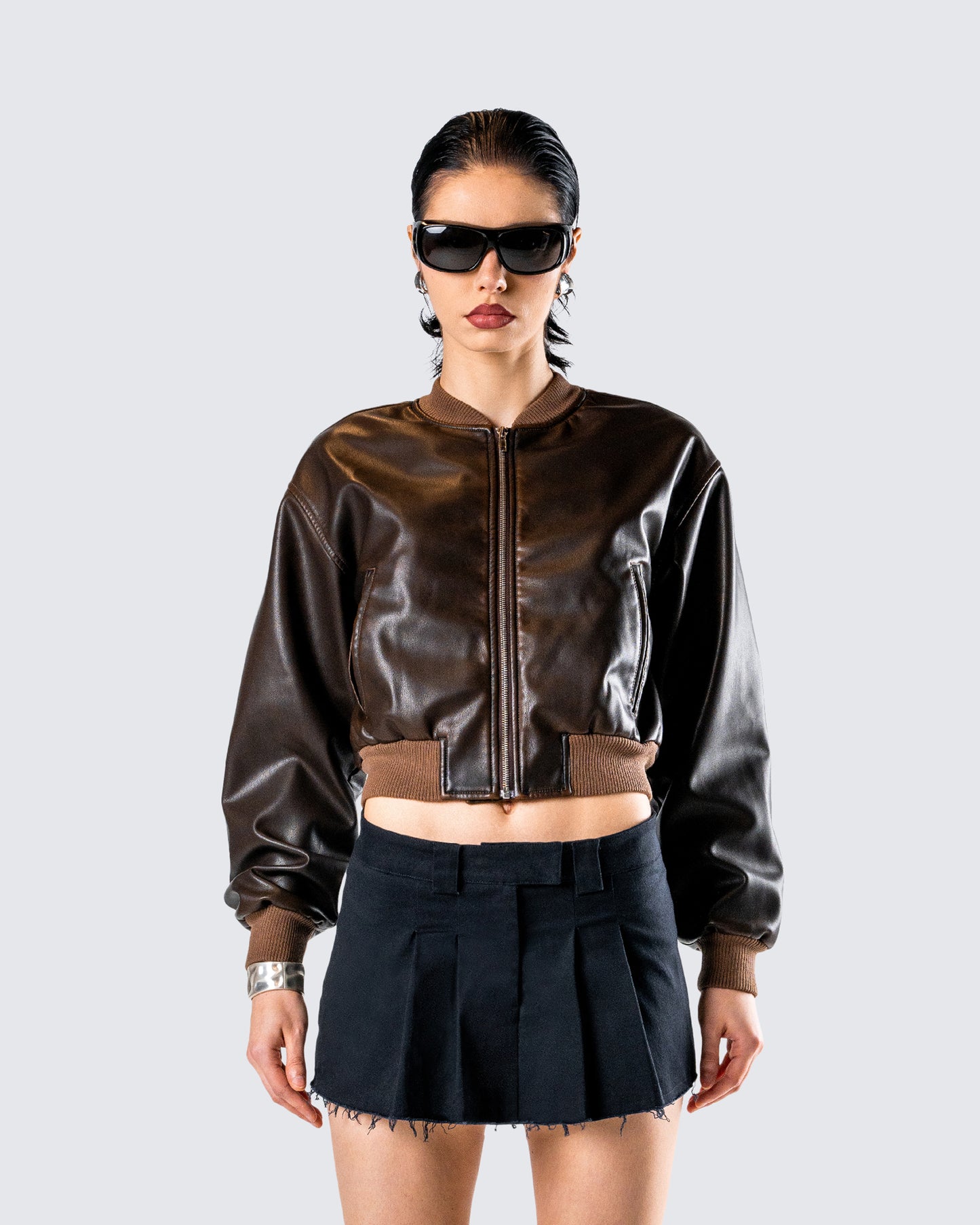 Leigh Brown Washed Leather Jacket model front