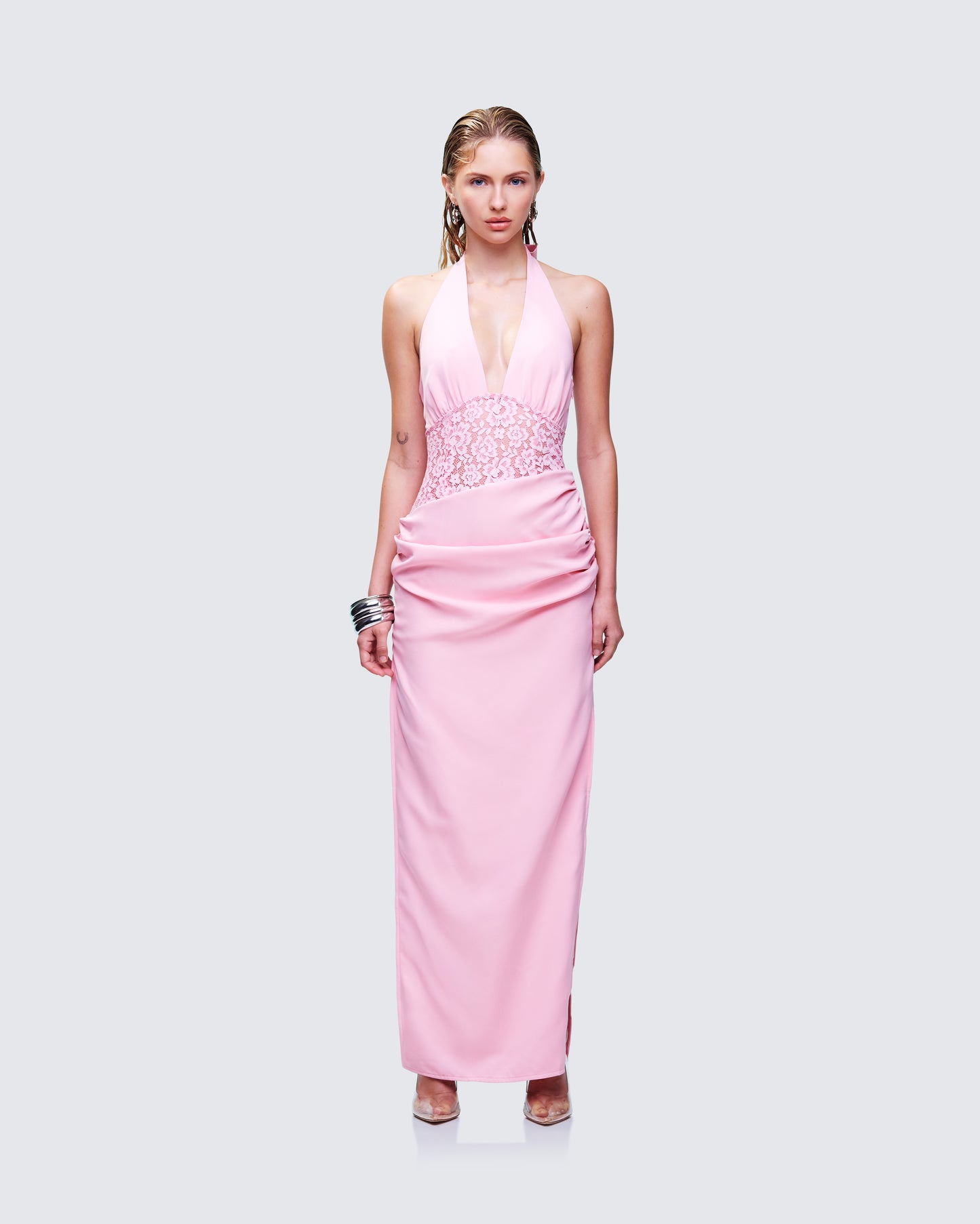 Lenora Pink Lace Detail Maxi Dress model front